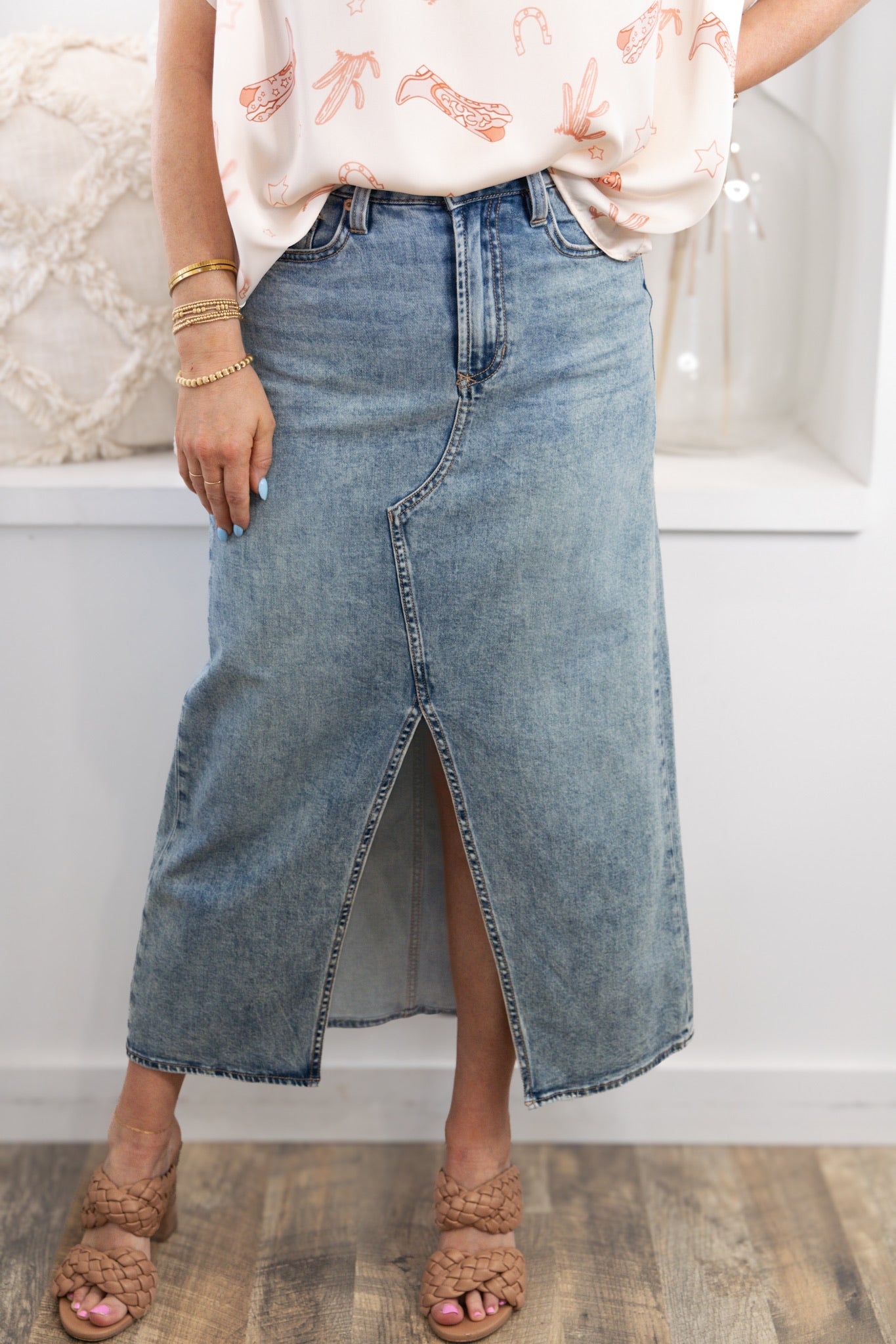 [Dear John] Vianna Front Slit Denim Skirt -Narvik