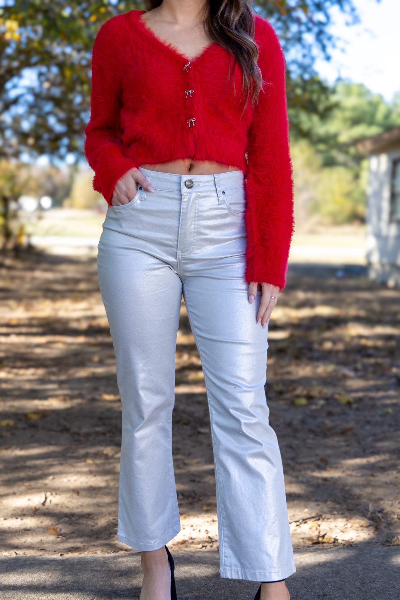 [KUT] Kelsey Coated High Rise Ankle Flare - Silver
