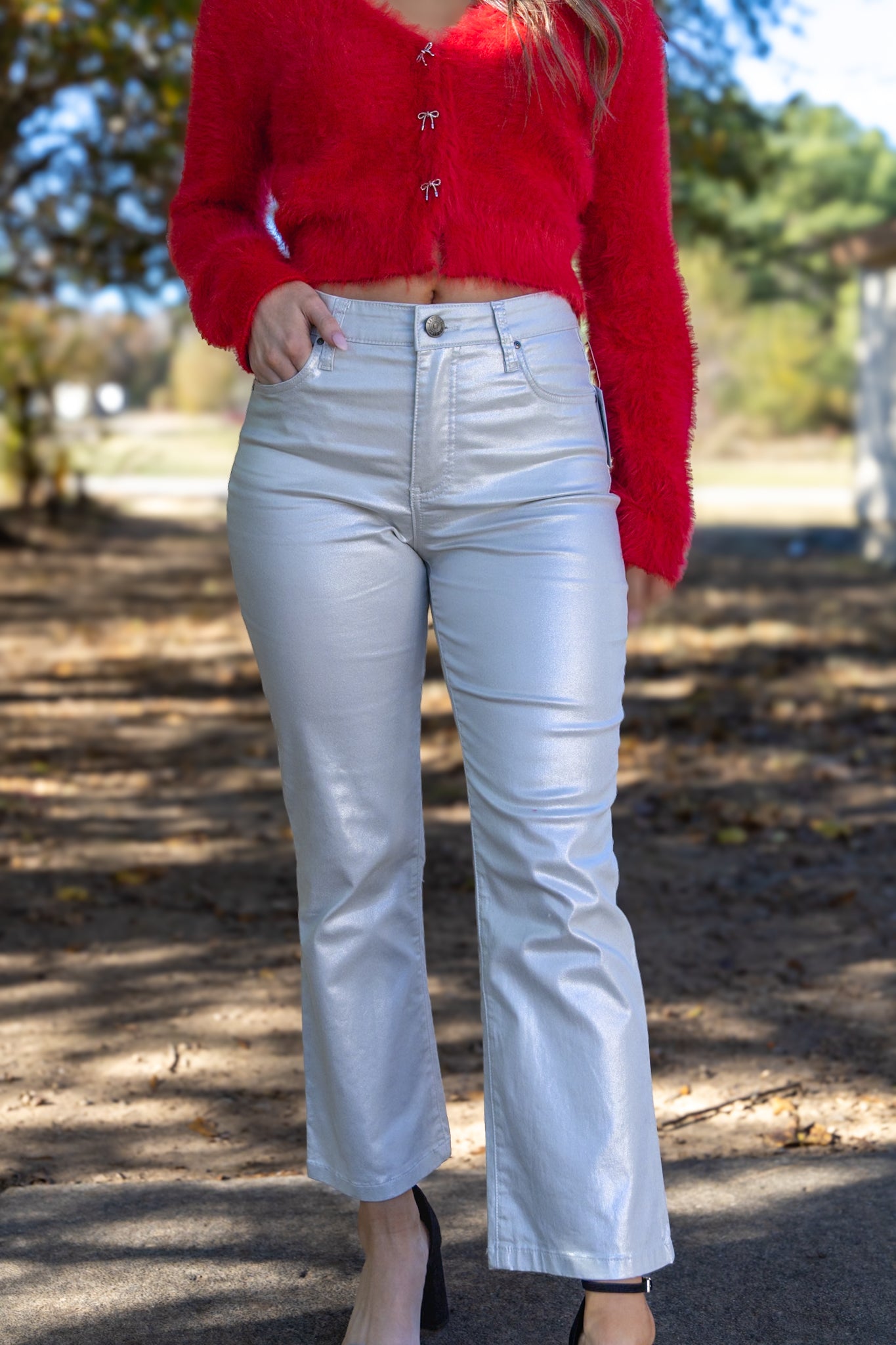 [KUT] Kelsey Coated High Rise Ankle Flare - Silver