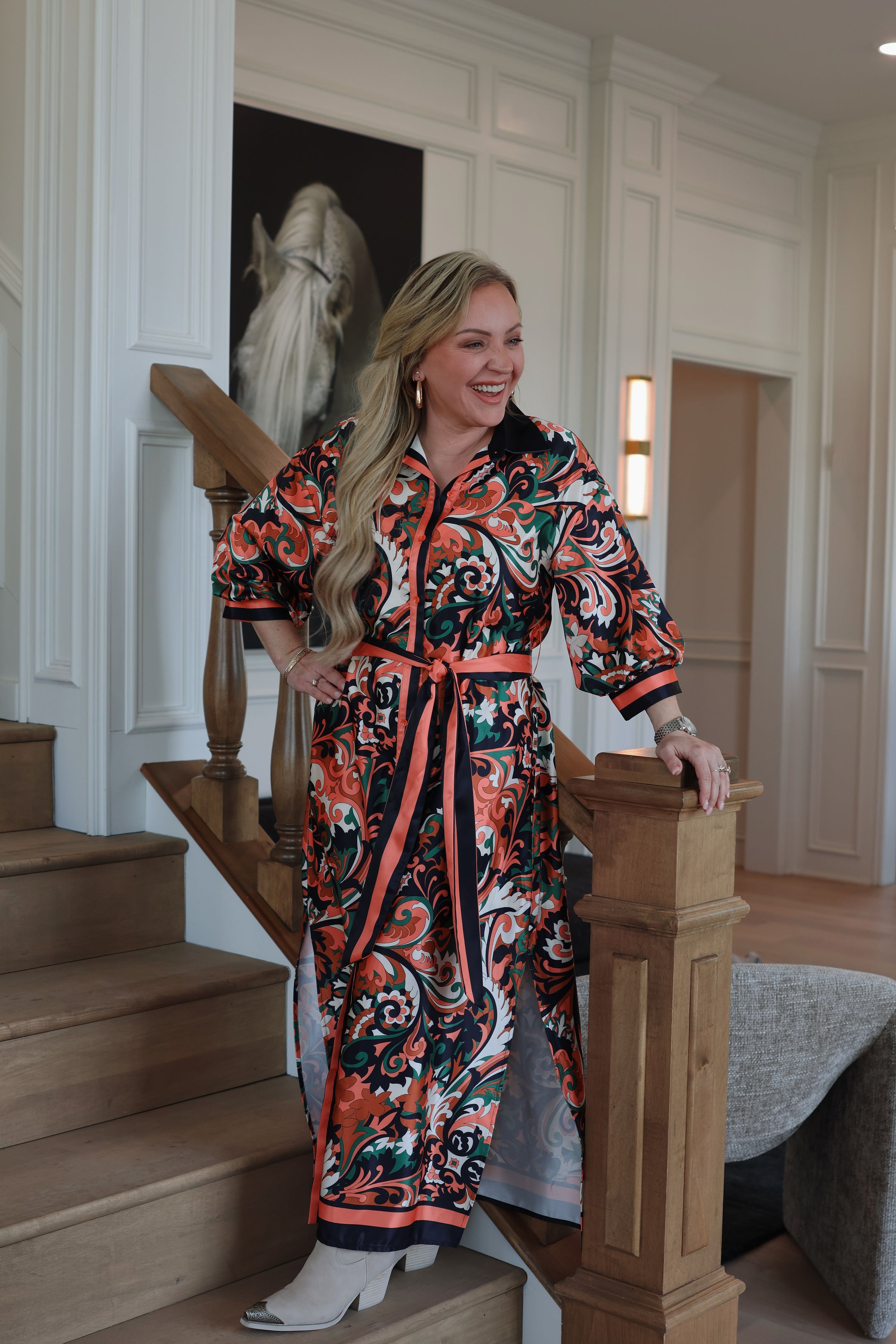 Autumn Scroll Maxi Shirt Dress