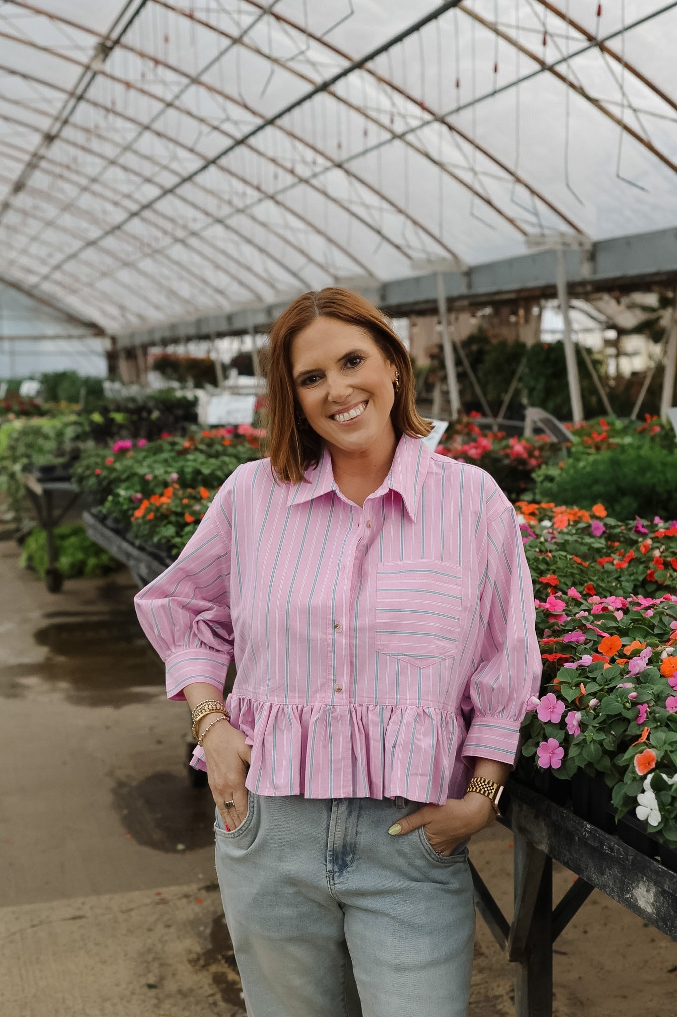Ashlyn Cropped Button Down - Pink/Green Stripes