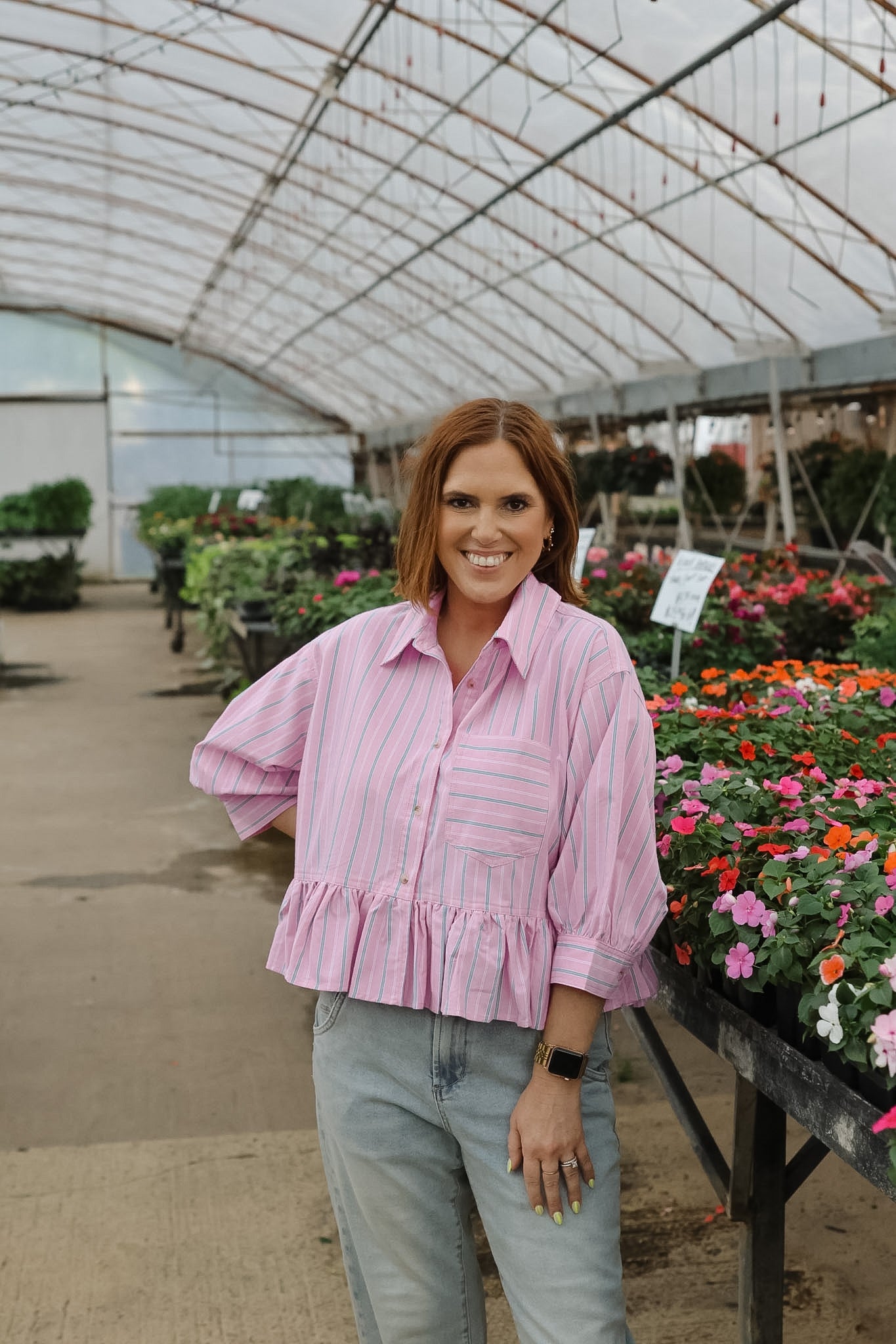 Ashlyn Cropped Button Down - Pink/Green Stripes