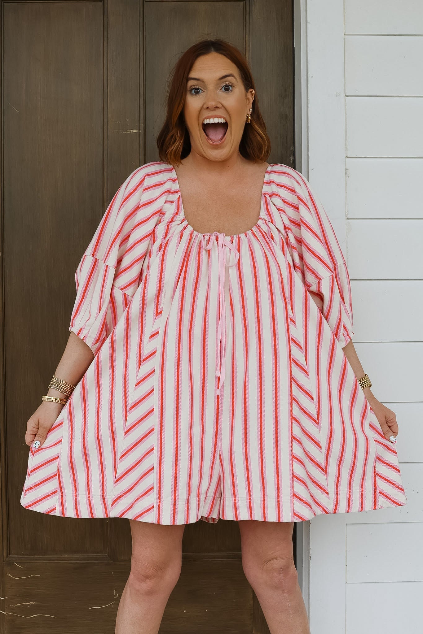 Sophie Stripe Denim Romper - Pink