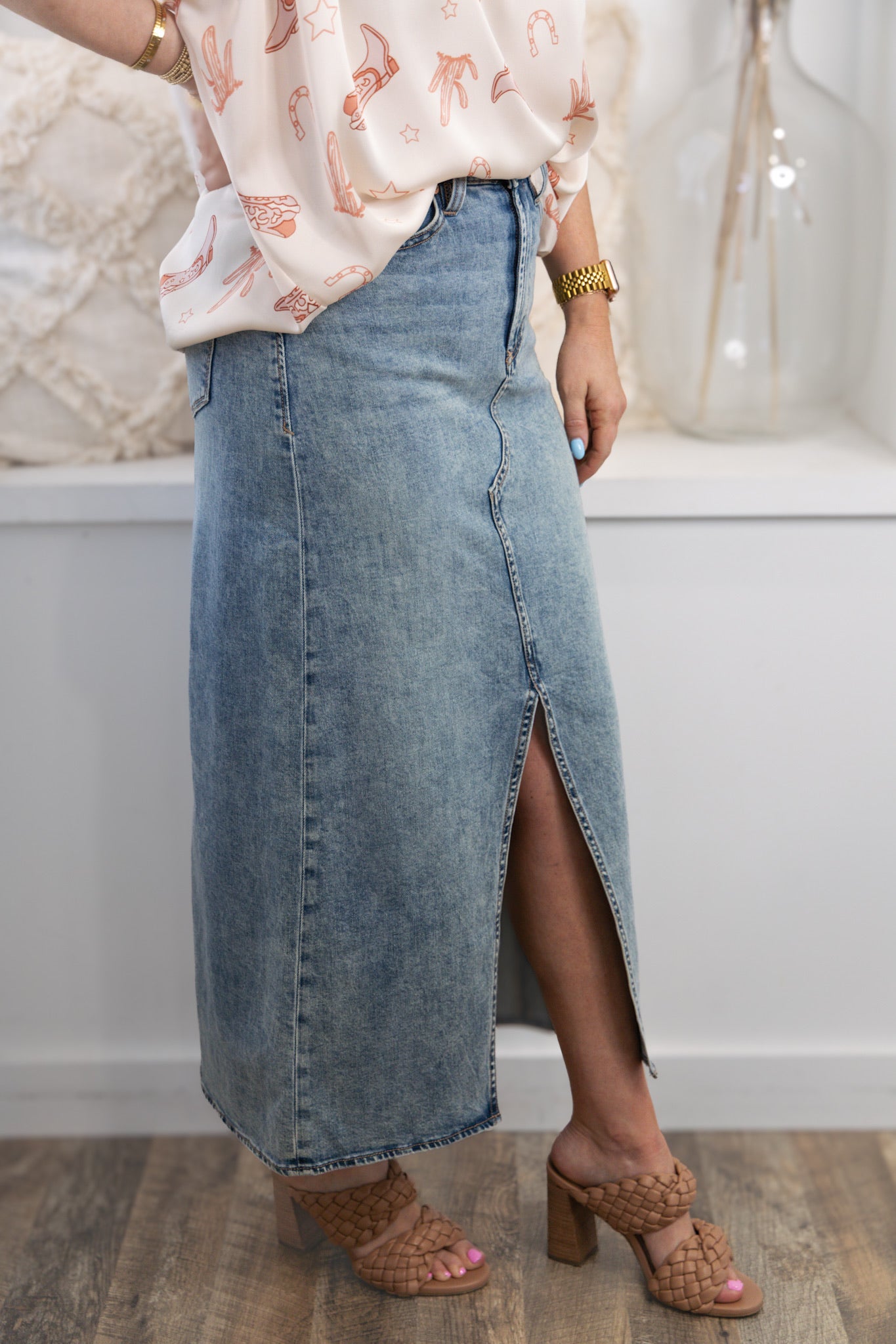 [Dear John] Vianna Front Slit Denim Skirt -Narvik