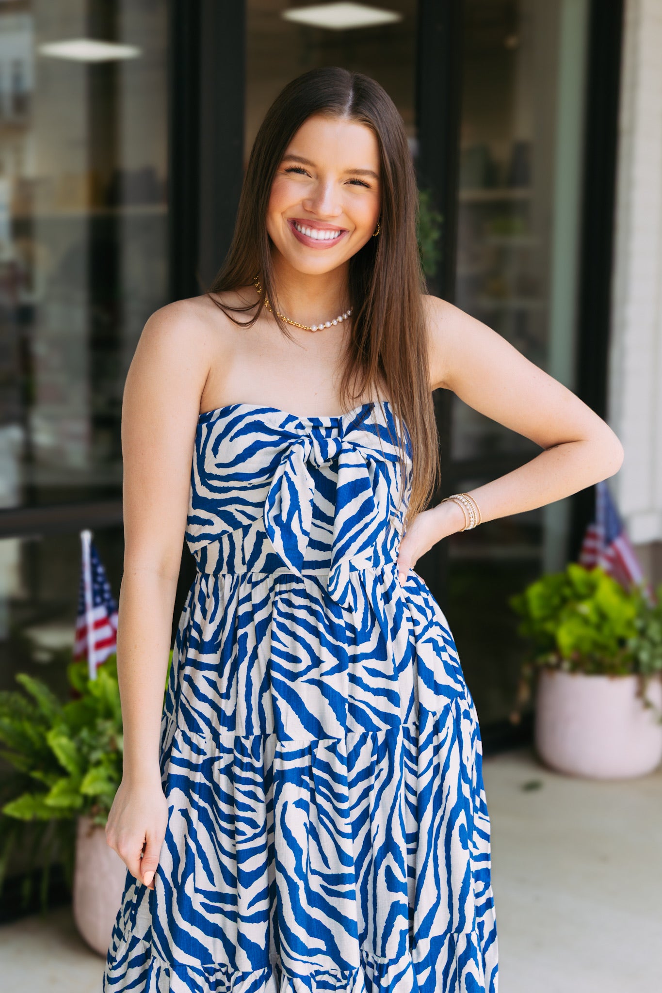 Blue Zebra Strapless Bow Dress