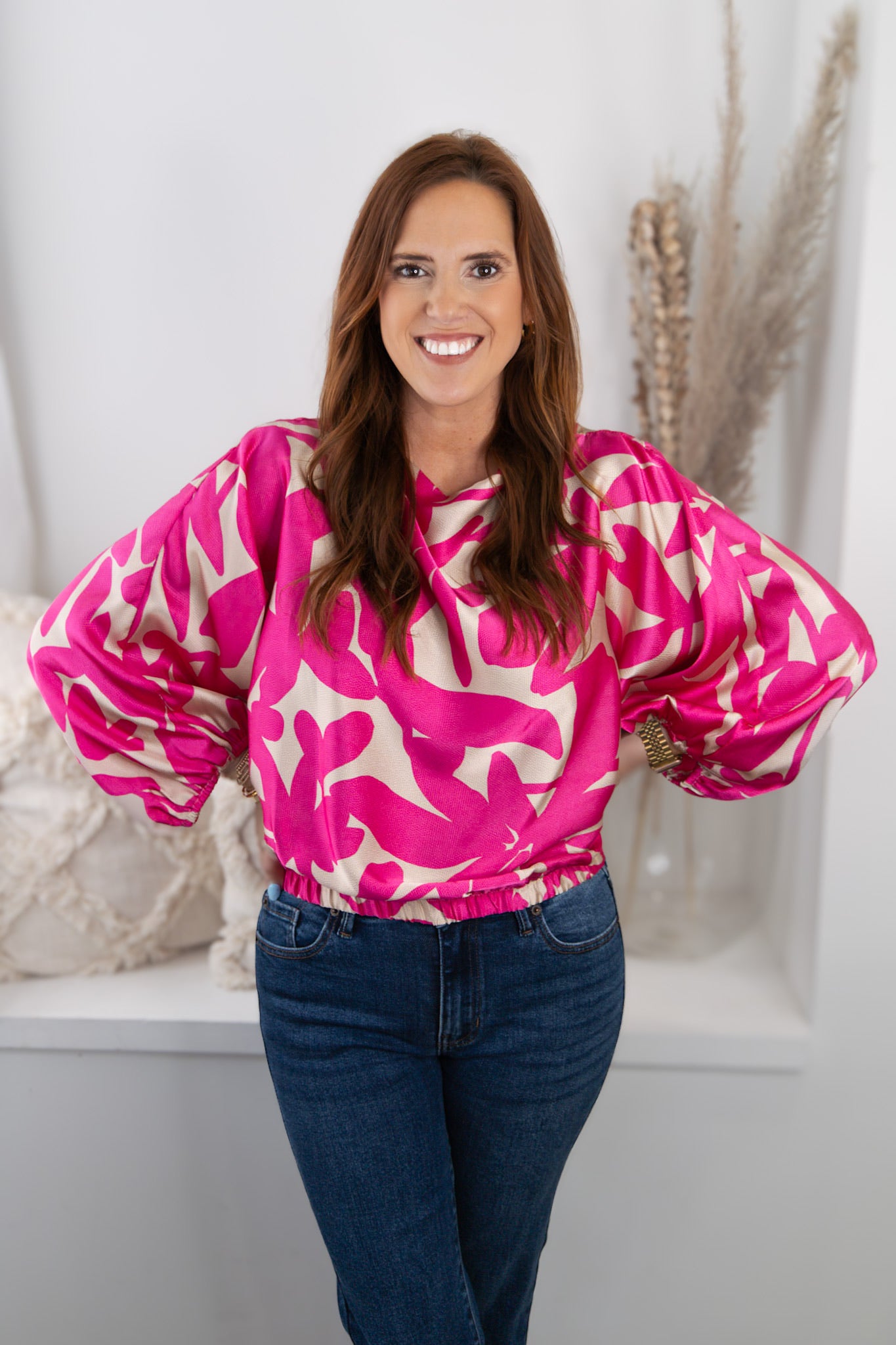 Elsia Pink Satin Boat Neck Blouse