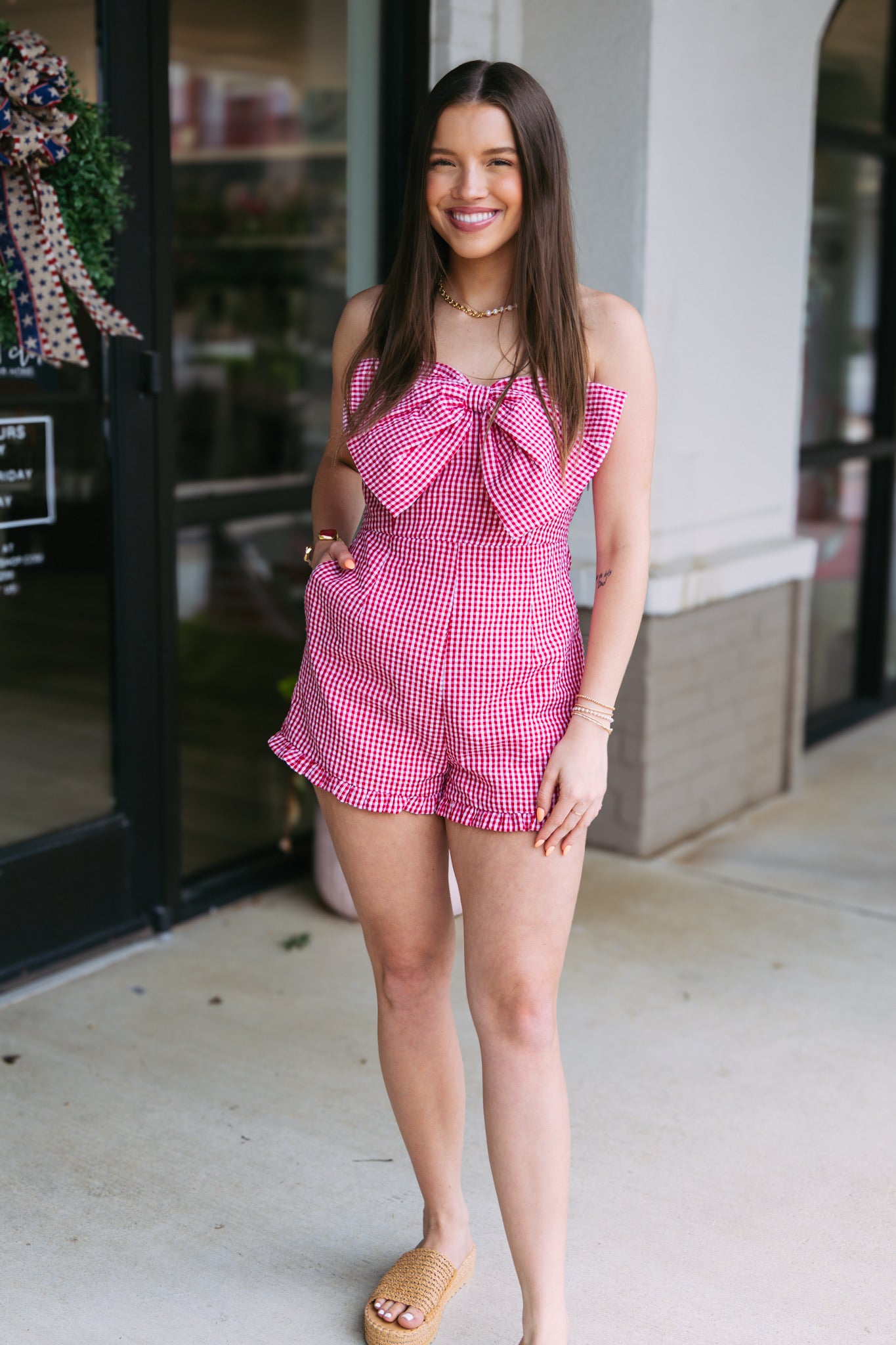 Gingham Strapless Bow Romper
