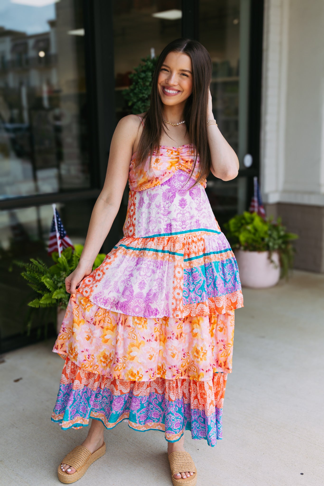 Orange Lavender Tiered Midi Dress