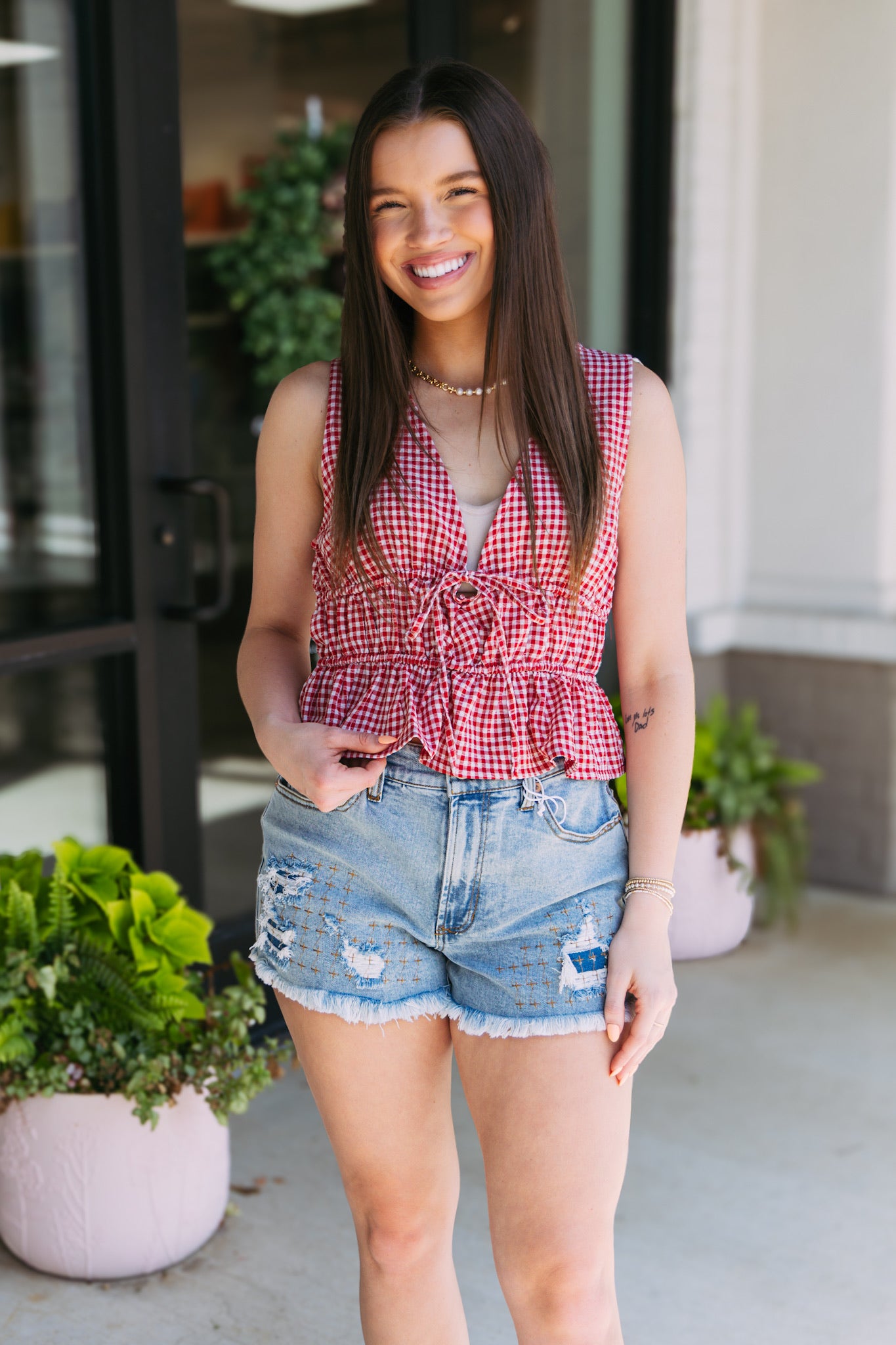 Gingham Front Tie Tank - Red