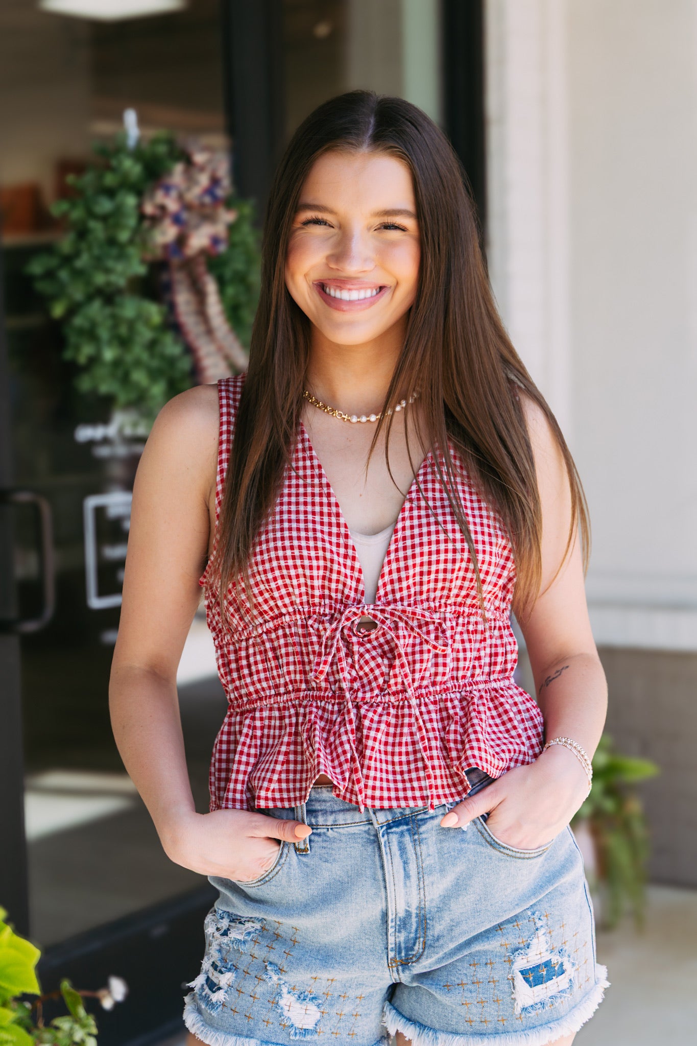 Gingham Front Tie Tank - Red