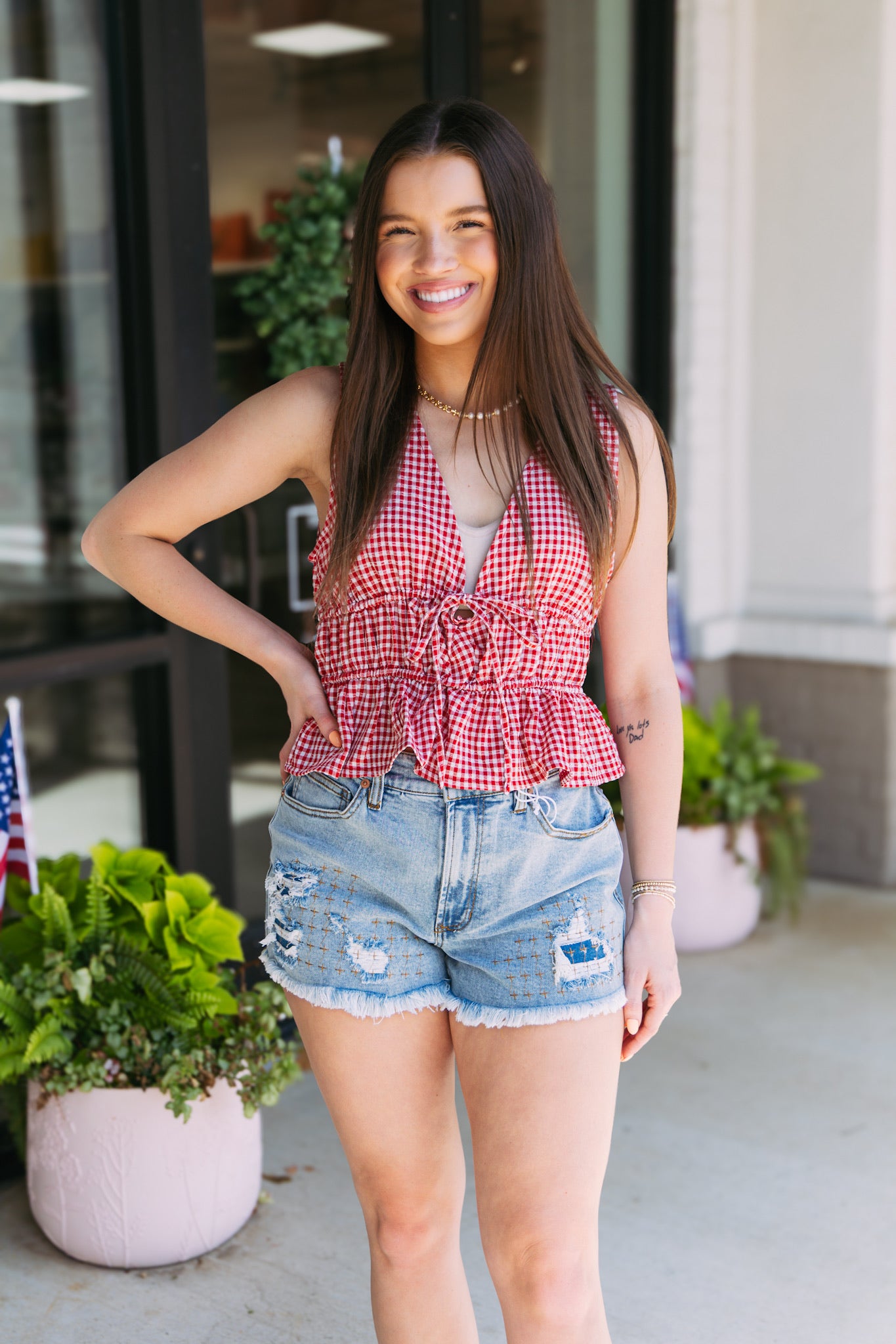 Gingham Front Tie Tank - Red
