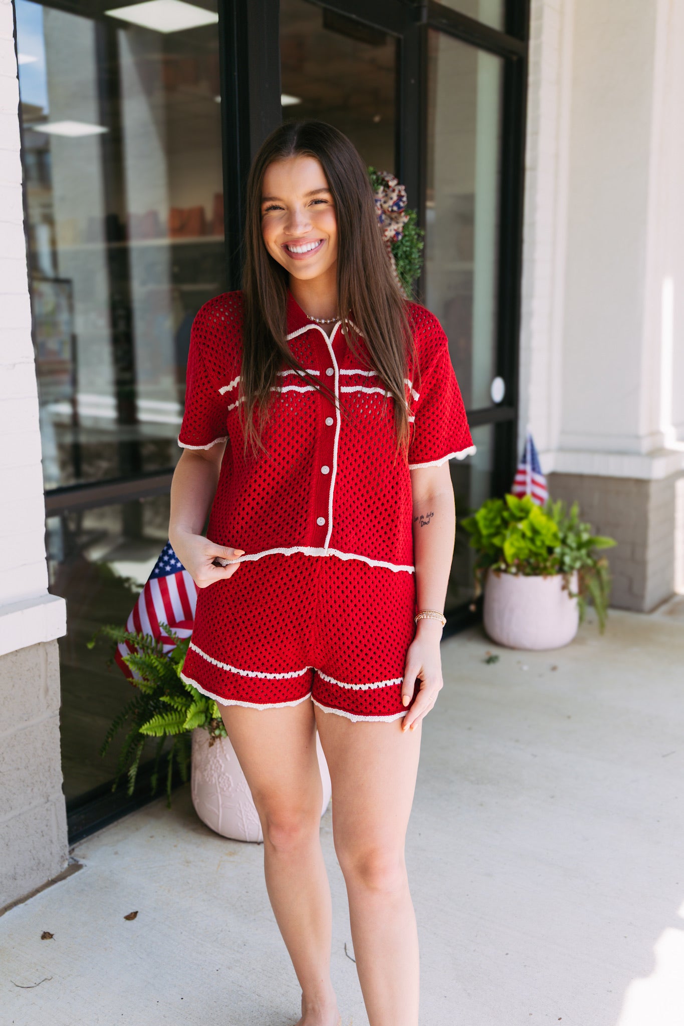 Rudy Contrast Open Knit Shorts - Red