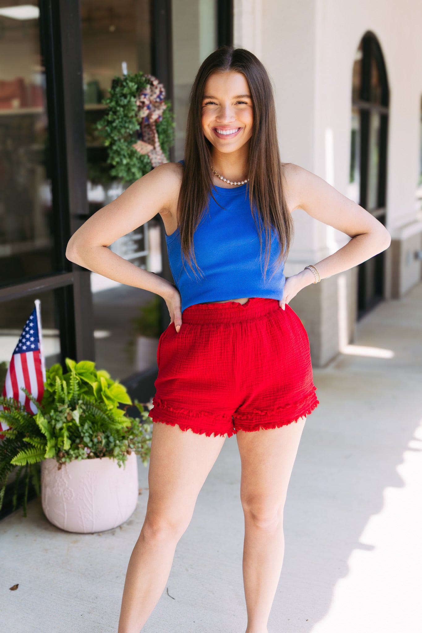 Red Distressed Gauze Shorts