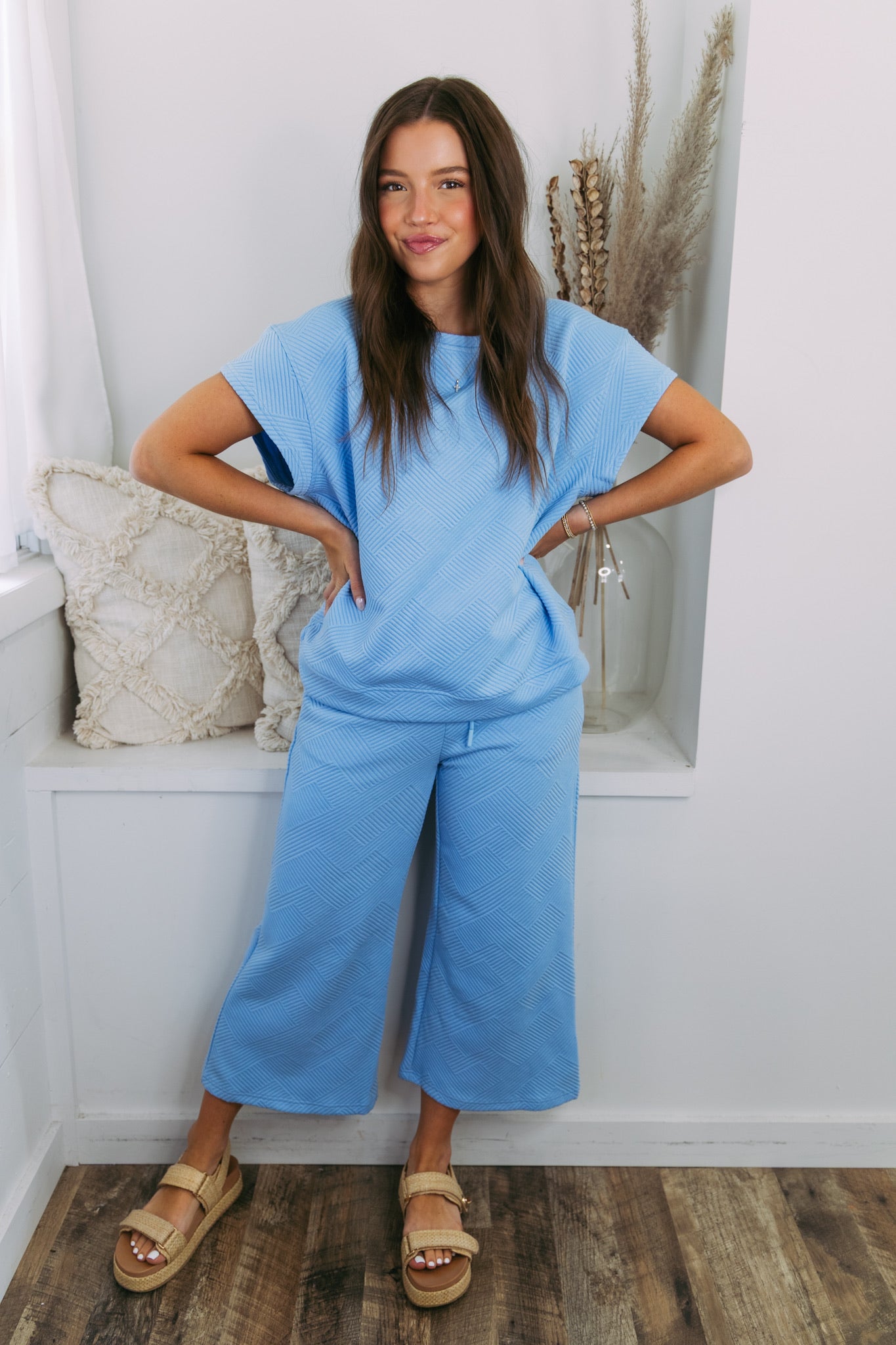 Claire Stitch Crop Wide Leg Pants - Light Blue