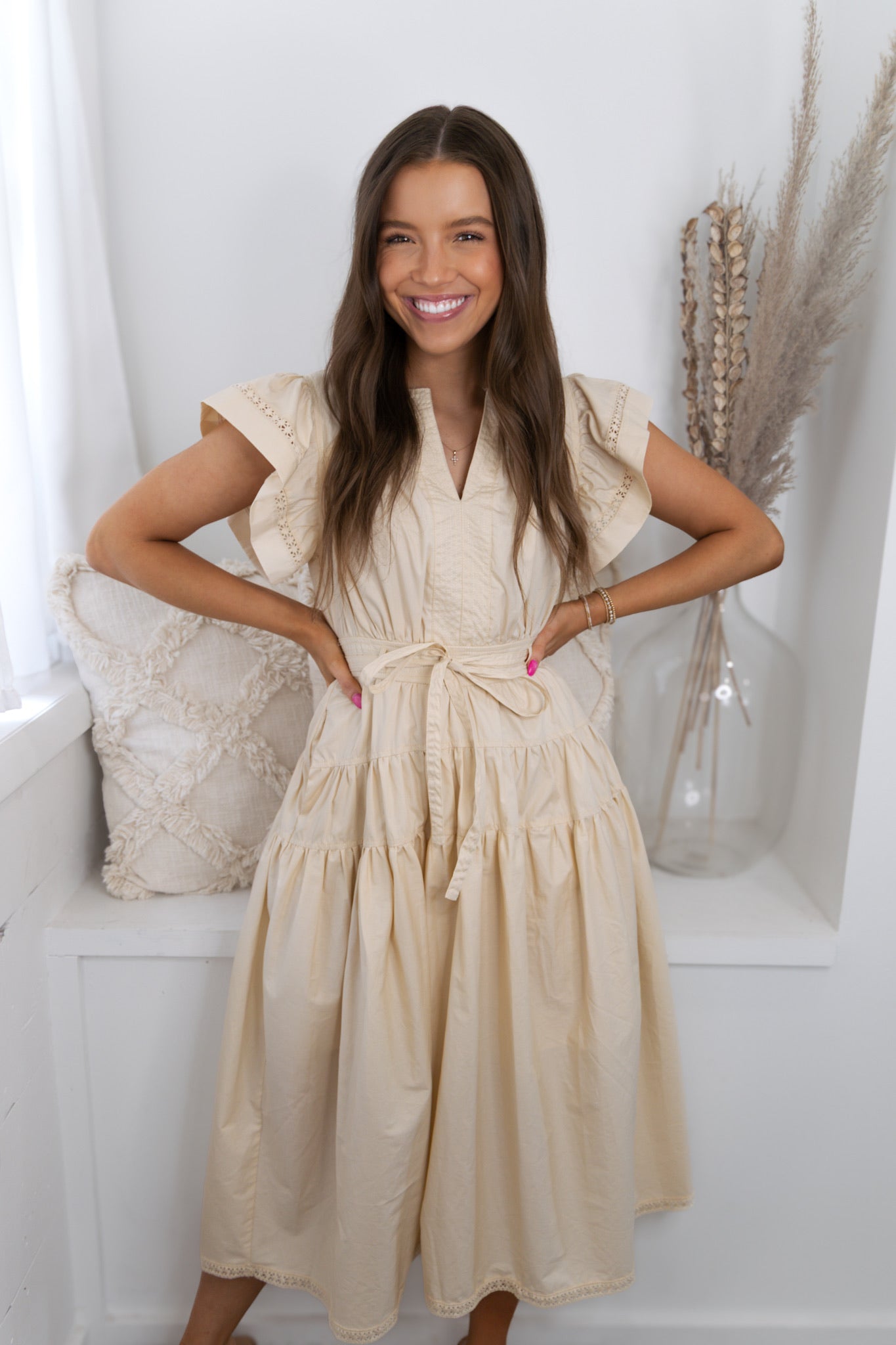 Crochet Tiered Midi Dress - Eggnog