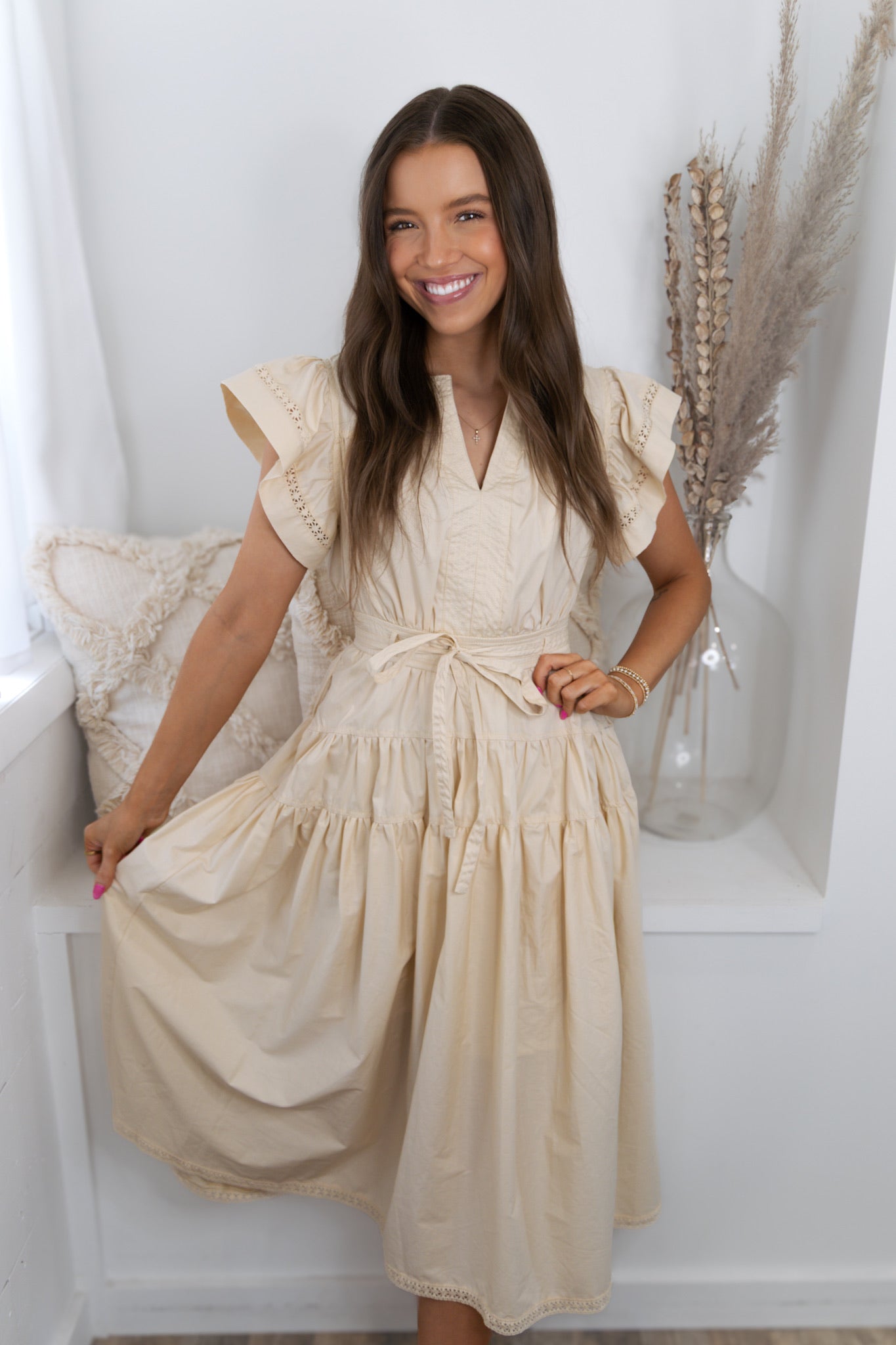 Crochet Tiered Midi Dress - Eggnog
