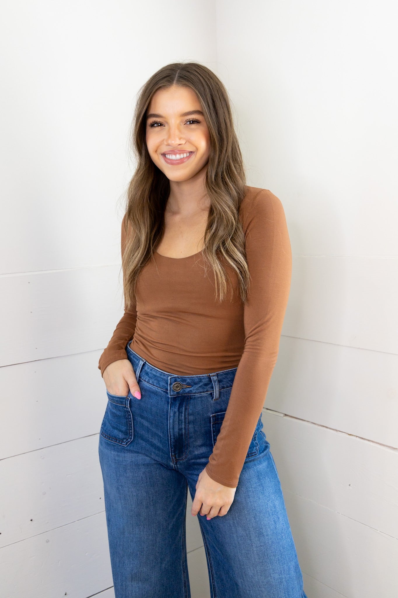 Double Lined Long Sleeve Crop Top - Caramel