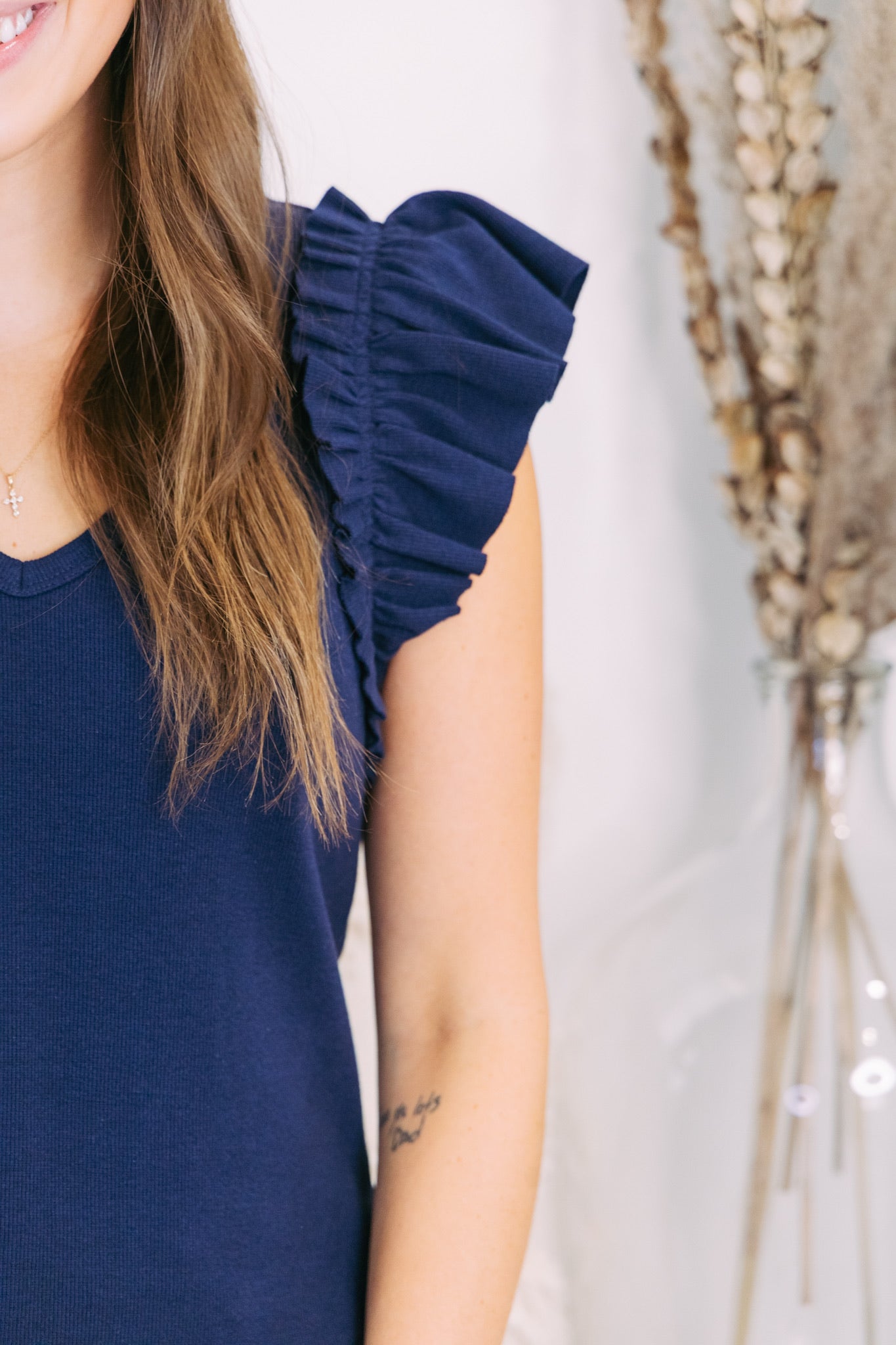 Navy Ribbed Ruffle Sleeve Top