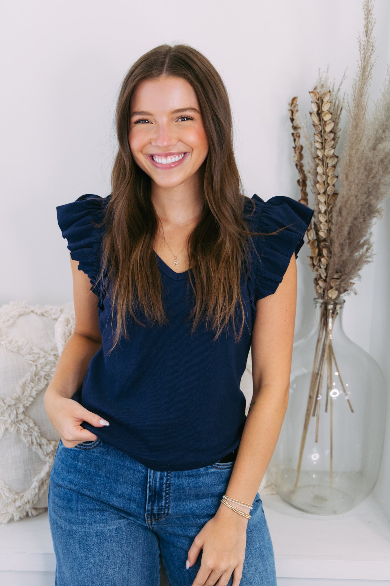 Navy Ribbed Ruffle Sleeve Top