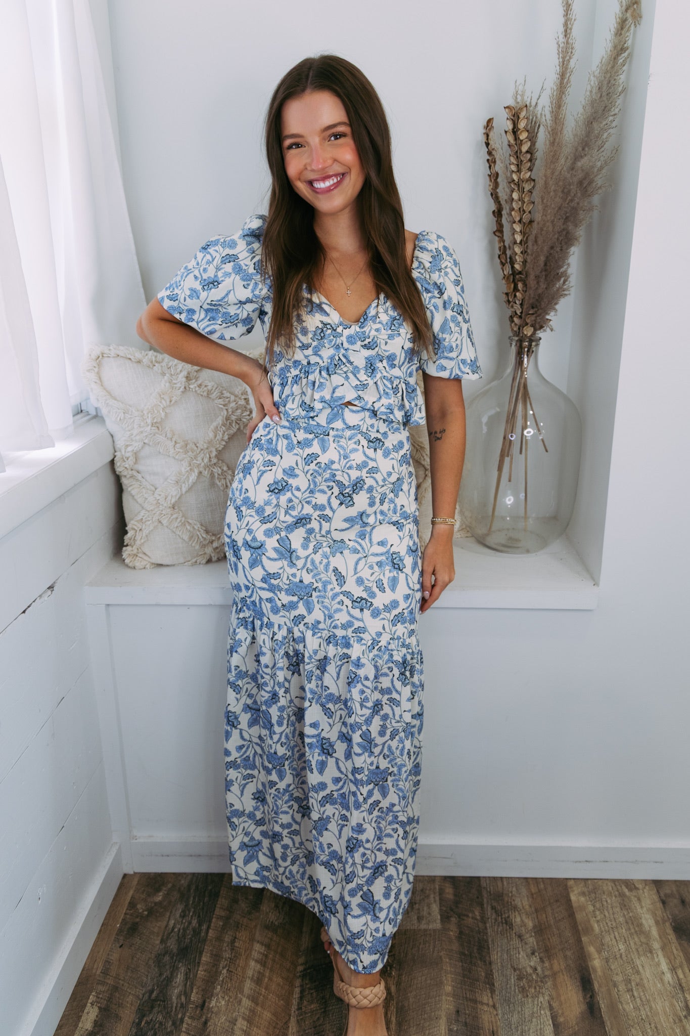 Blue Floral Tiered Maxi Skirt