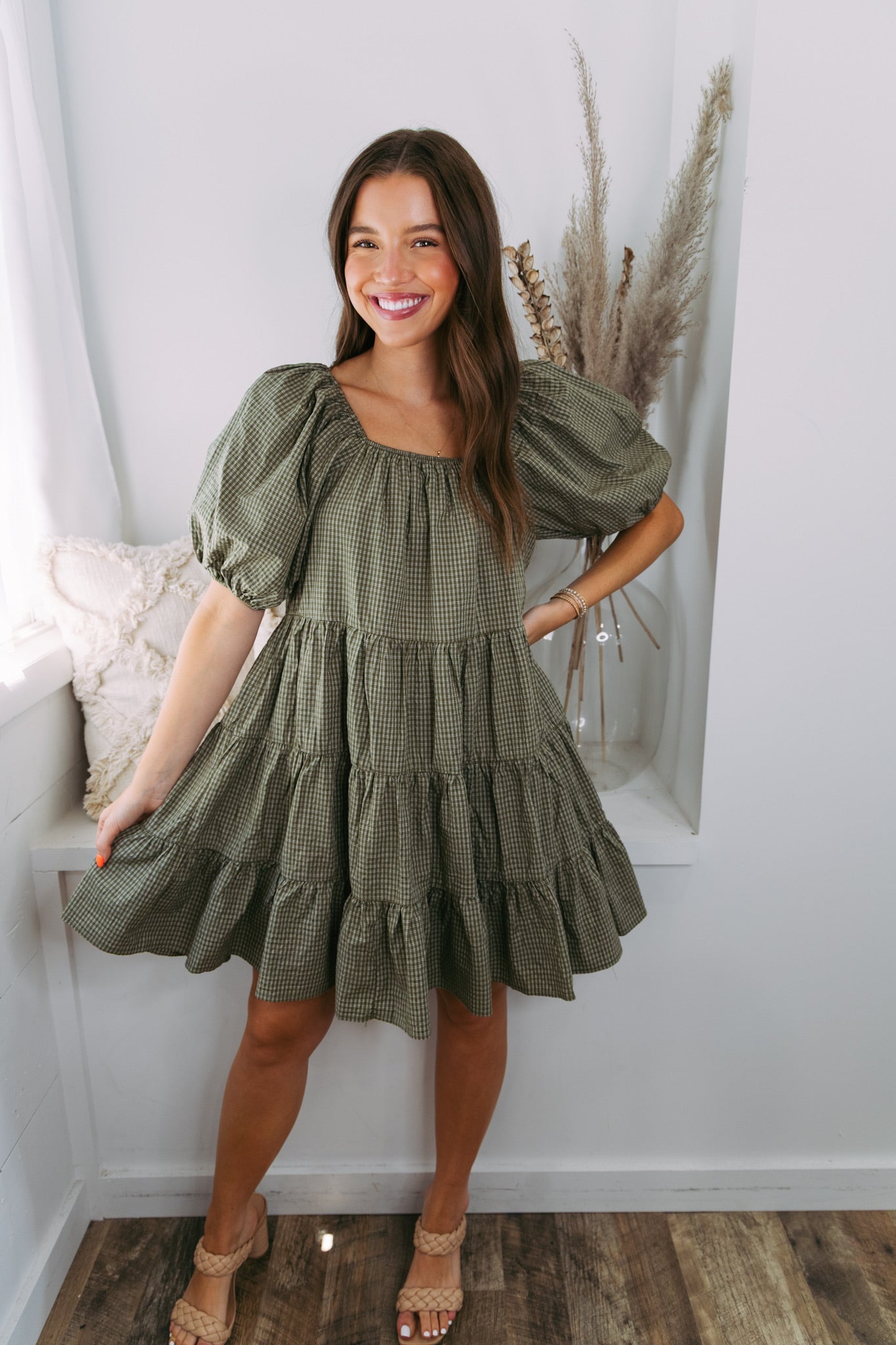 Gingham Tiered Dress - Olive