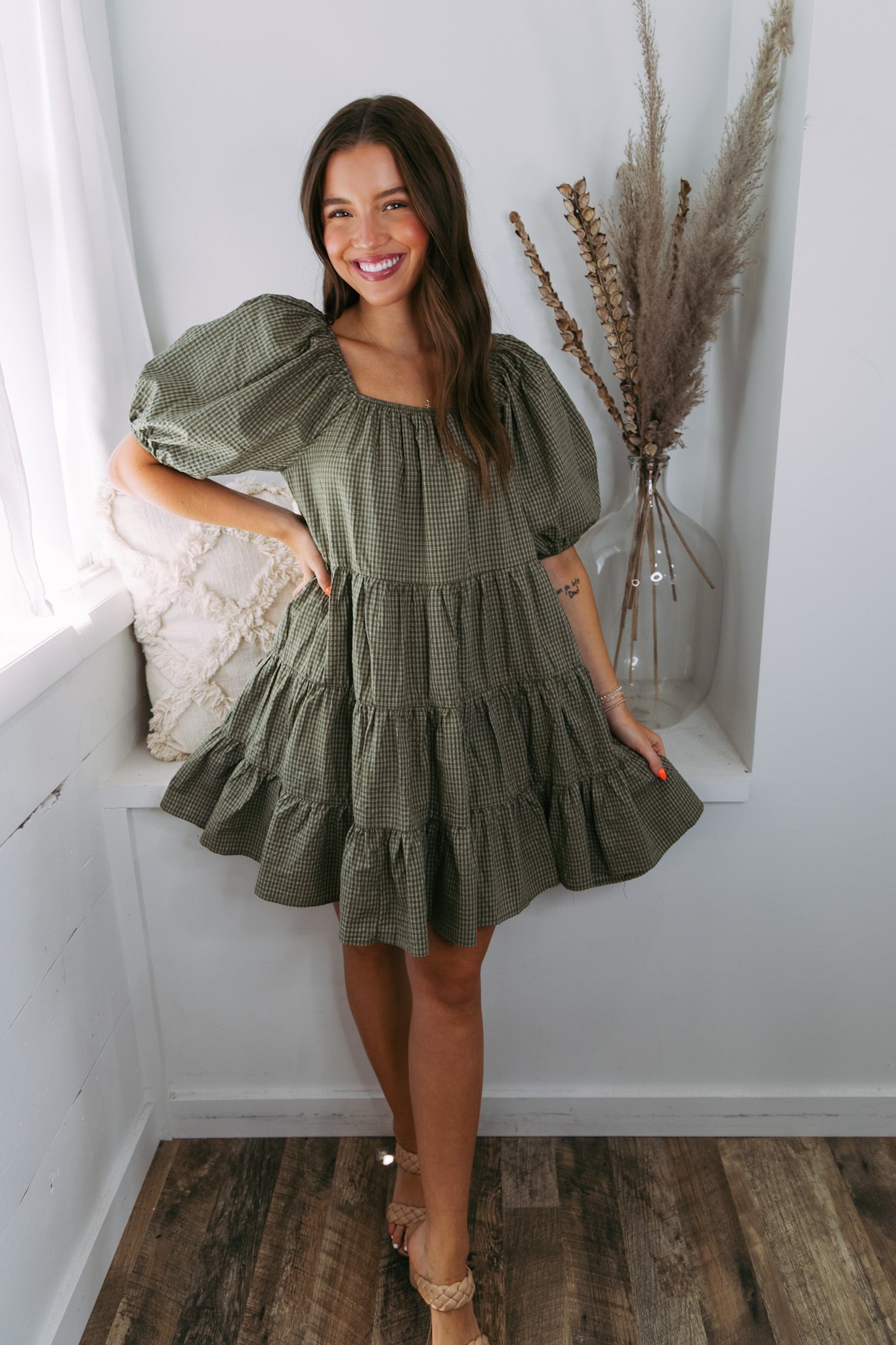 Gingham Tiered Dress - Olive