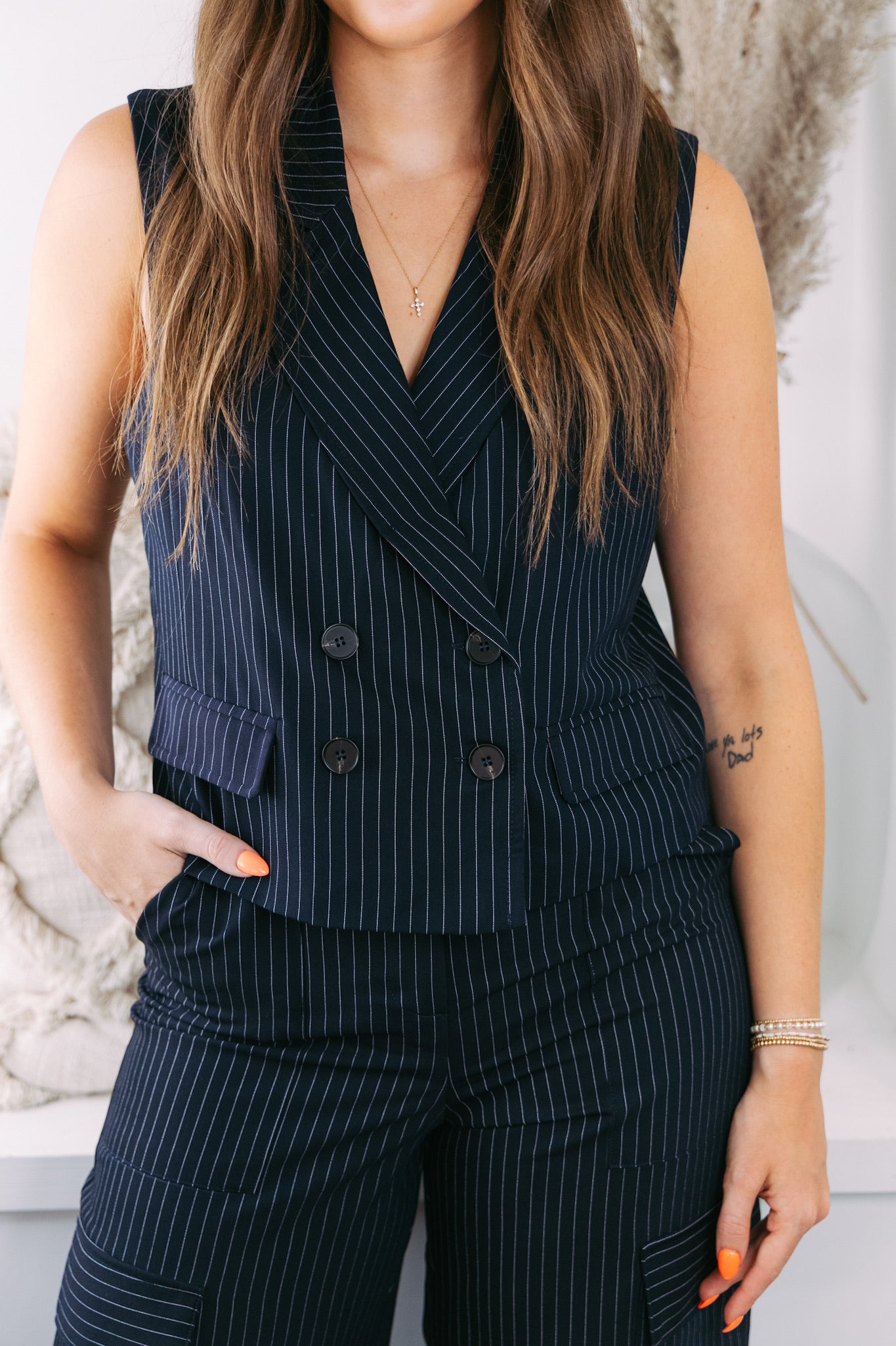 Pinstripe Double Breasted Vest - Navy