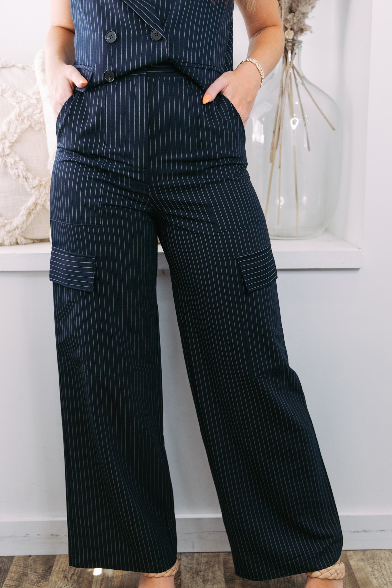 Pinstripe Cargo Trousers - Navy