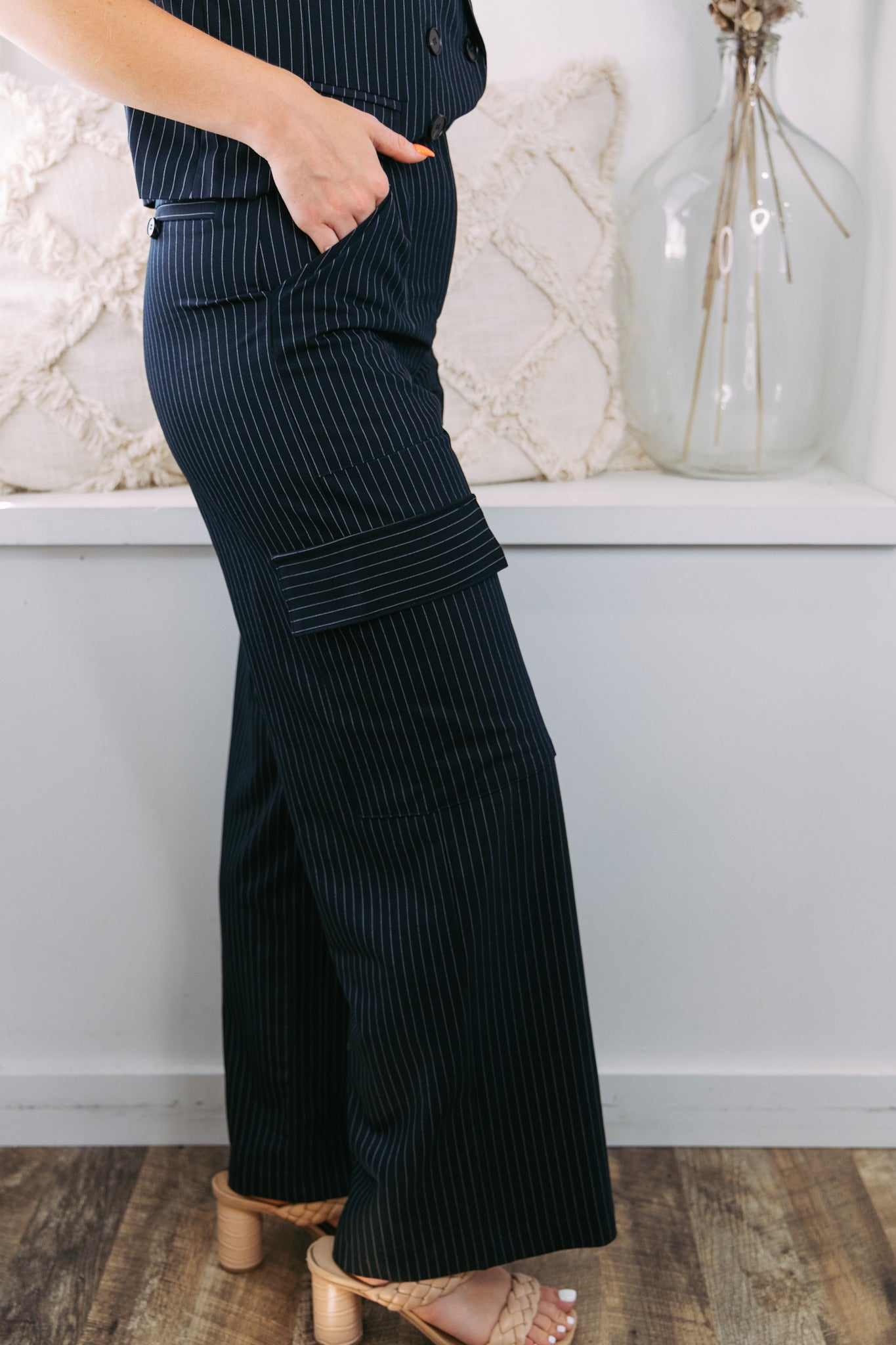 Pinstripe Cargo Trousers - Navy