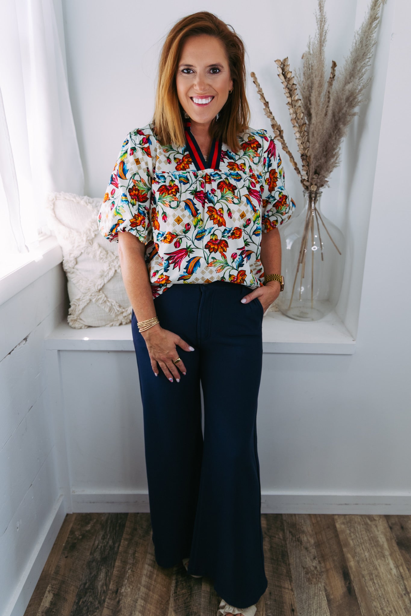 Stripe Trim Floral V-Neck Top