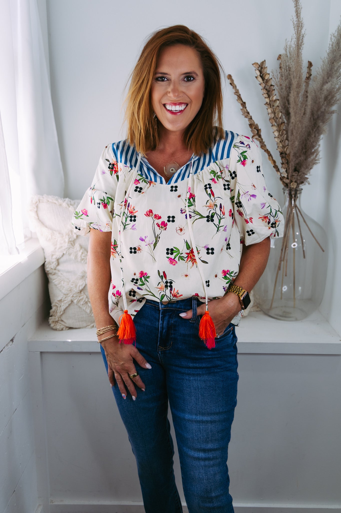 Floral and Stripe Mixed Tassel Top
