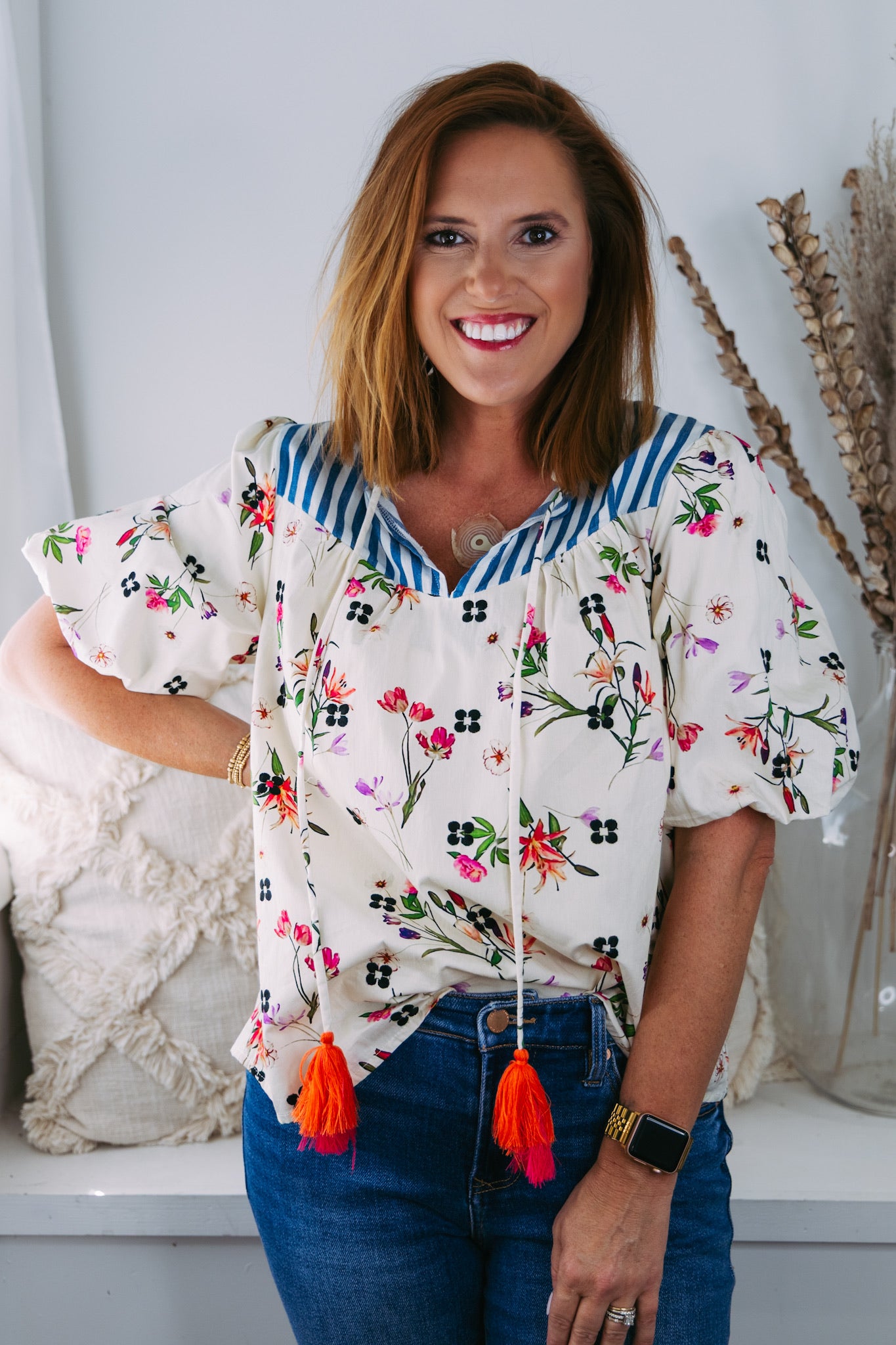 Floral and Stripe Mixed Tassel Top