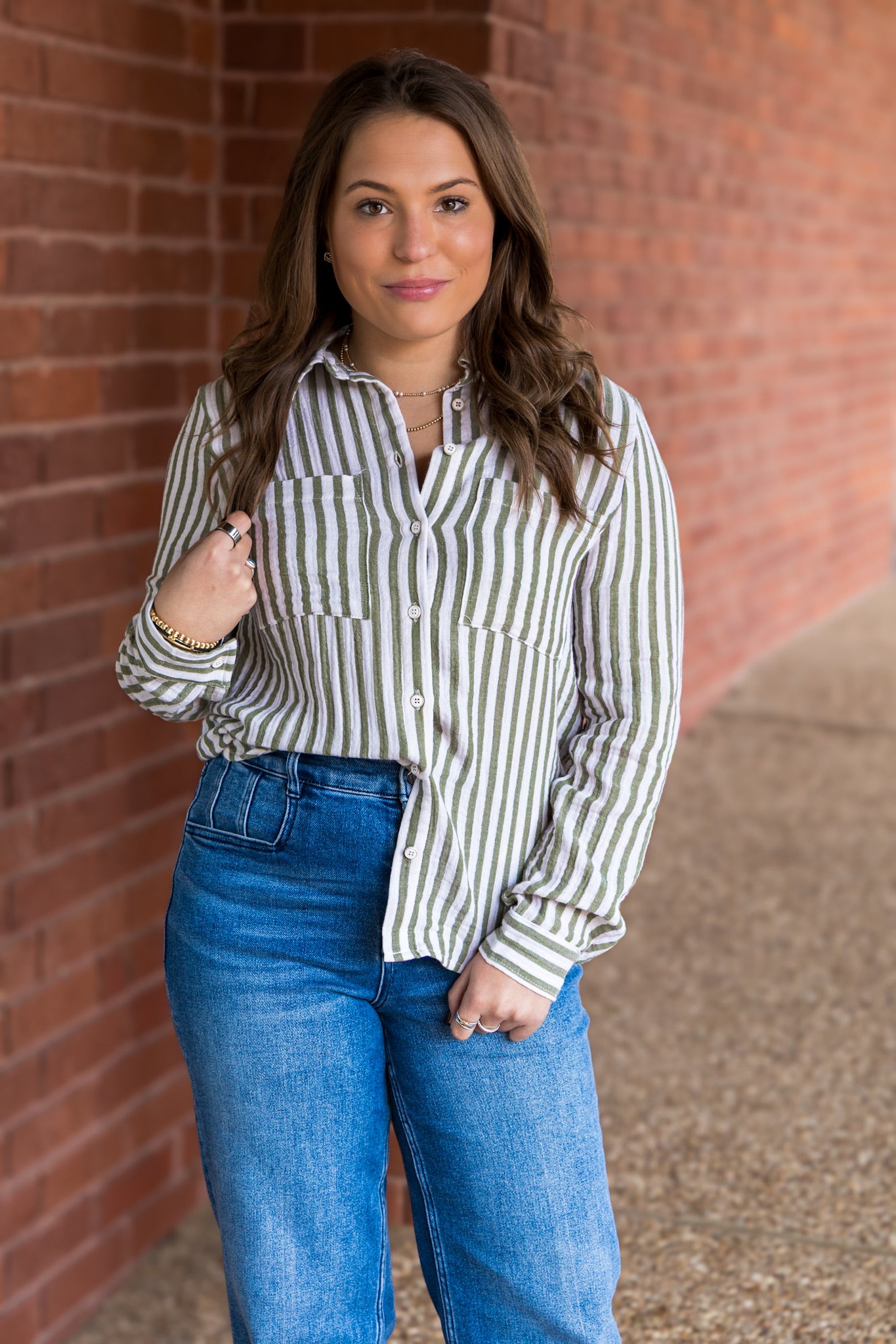 Olive Striped Button Front Gauze Top