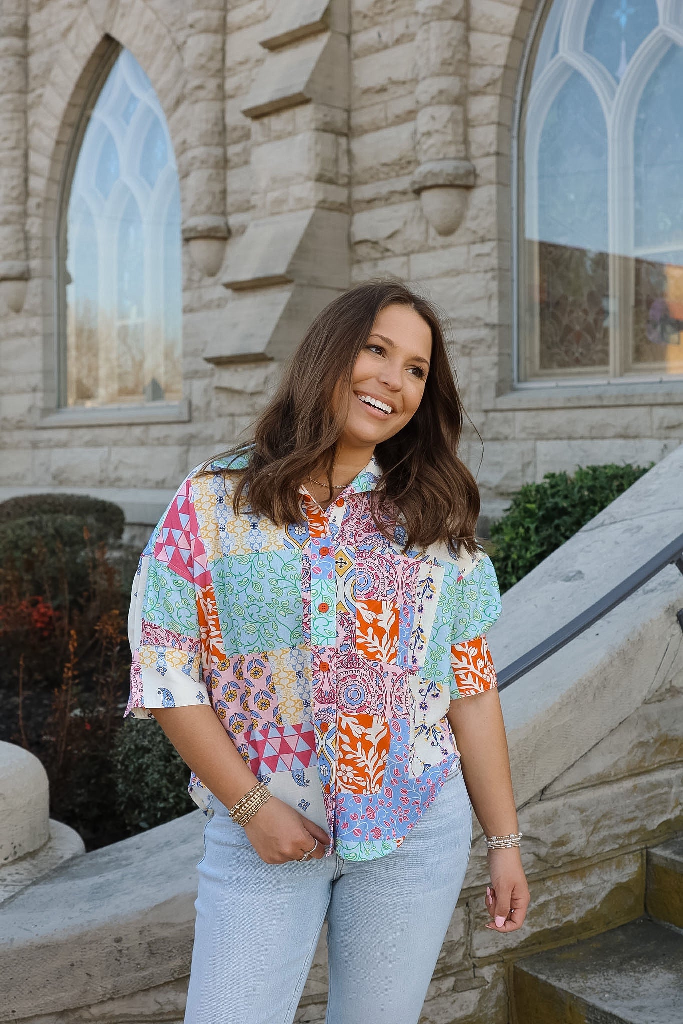 Kaleidocloth Button Short Sleeve Top