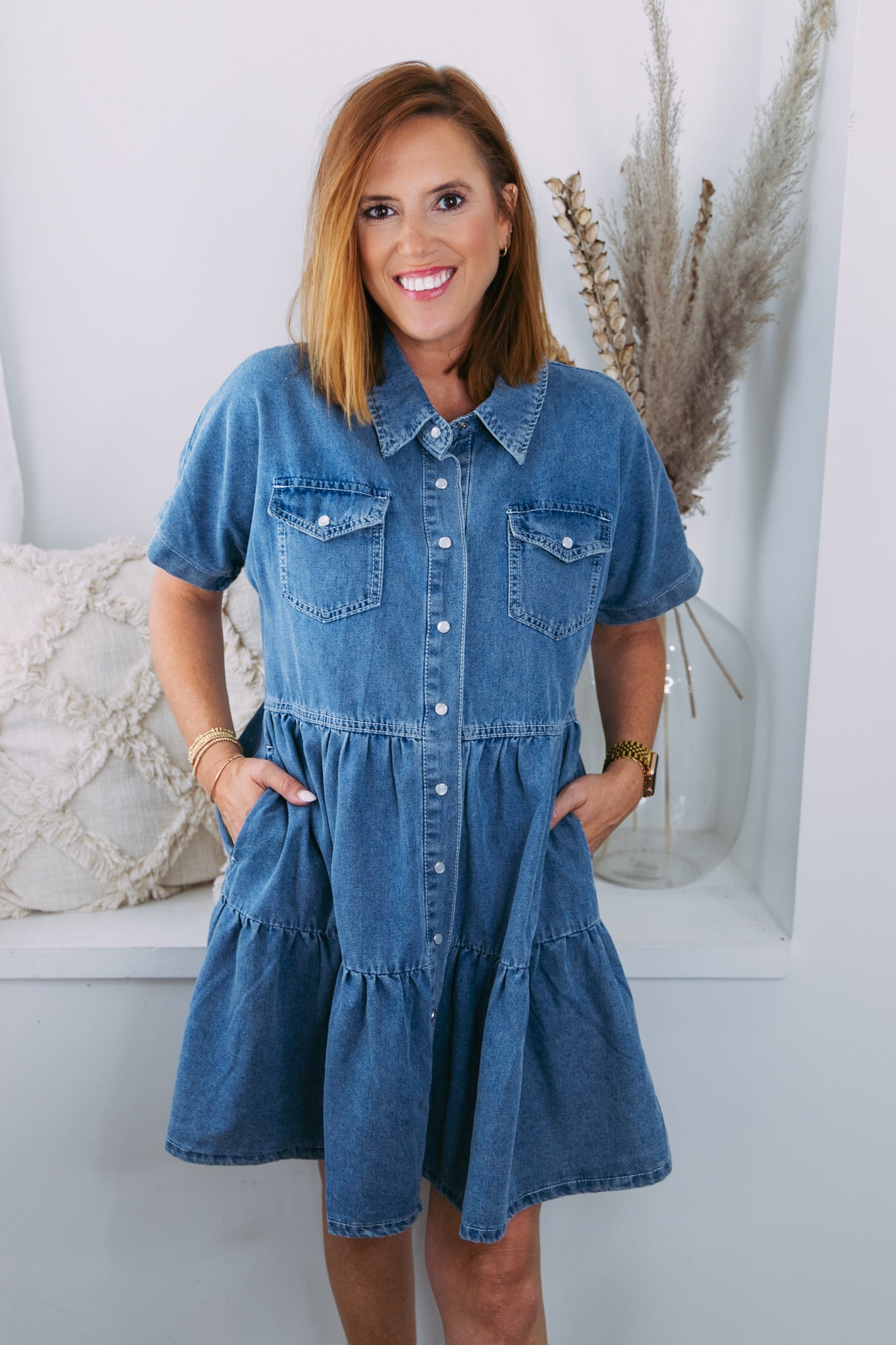 Denim Tiered Button Up Dress