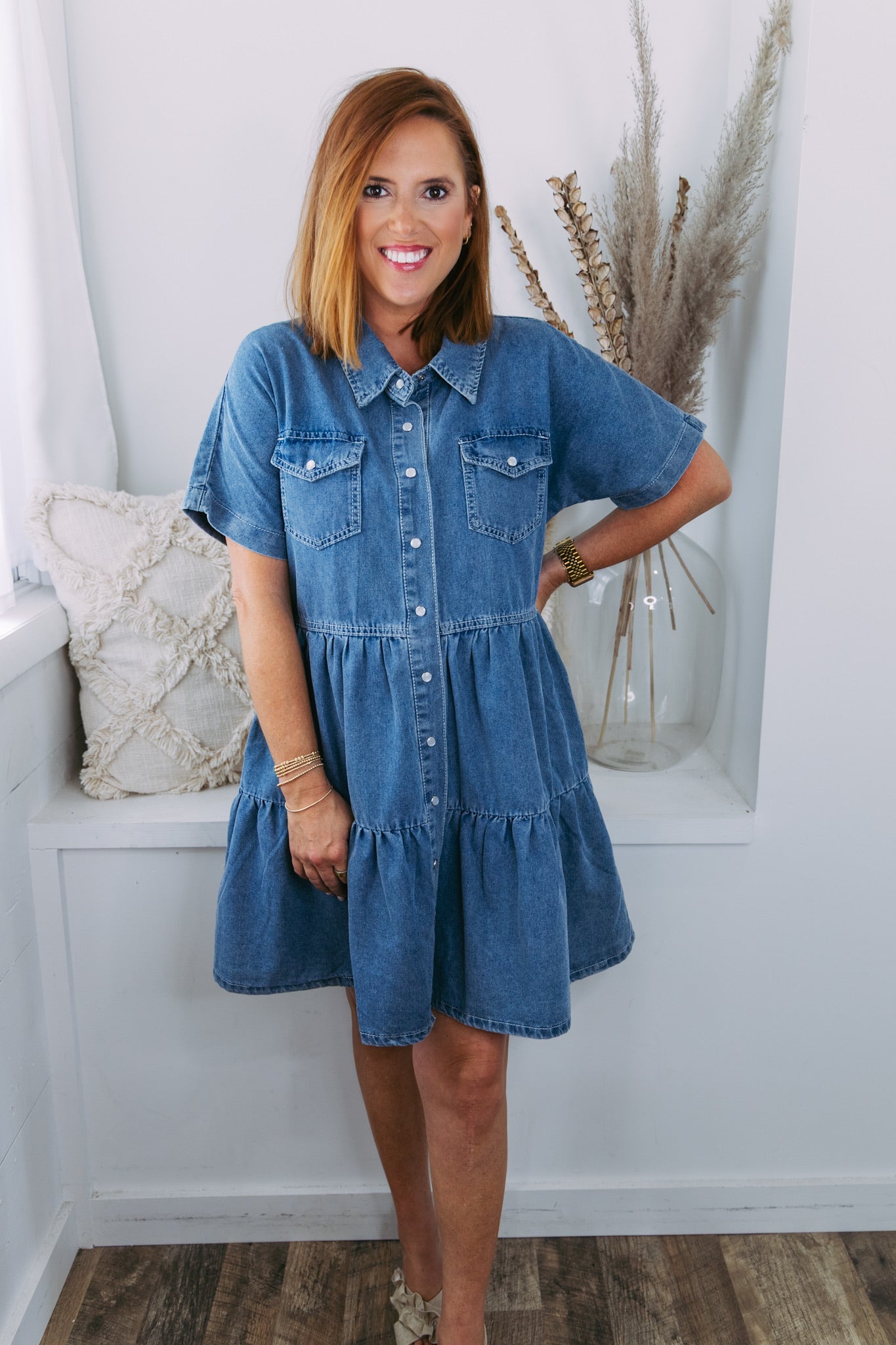 Denim Tiered Button Up Dress