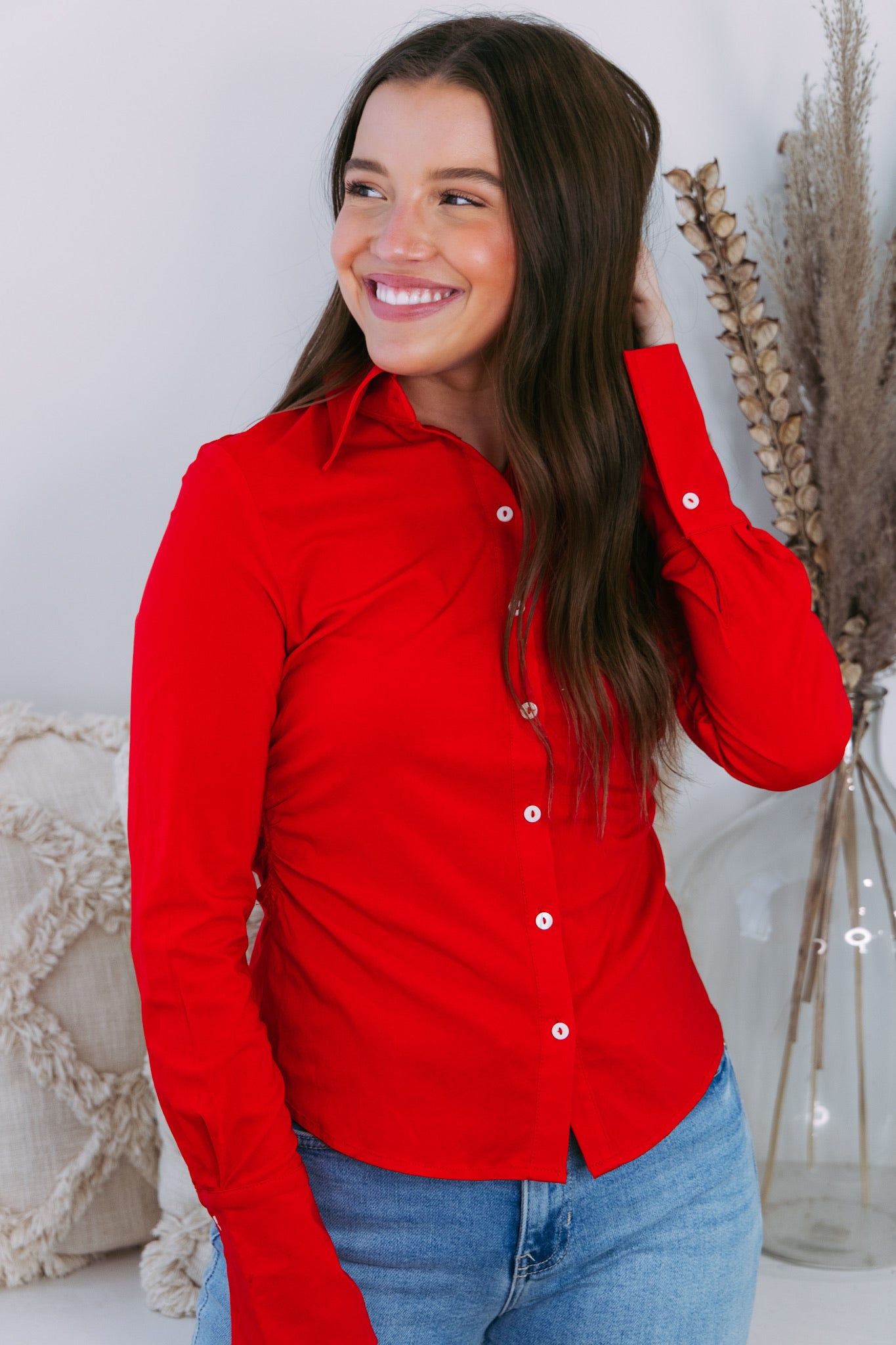 Slim Fit Shirred Button Front Top - Red