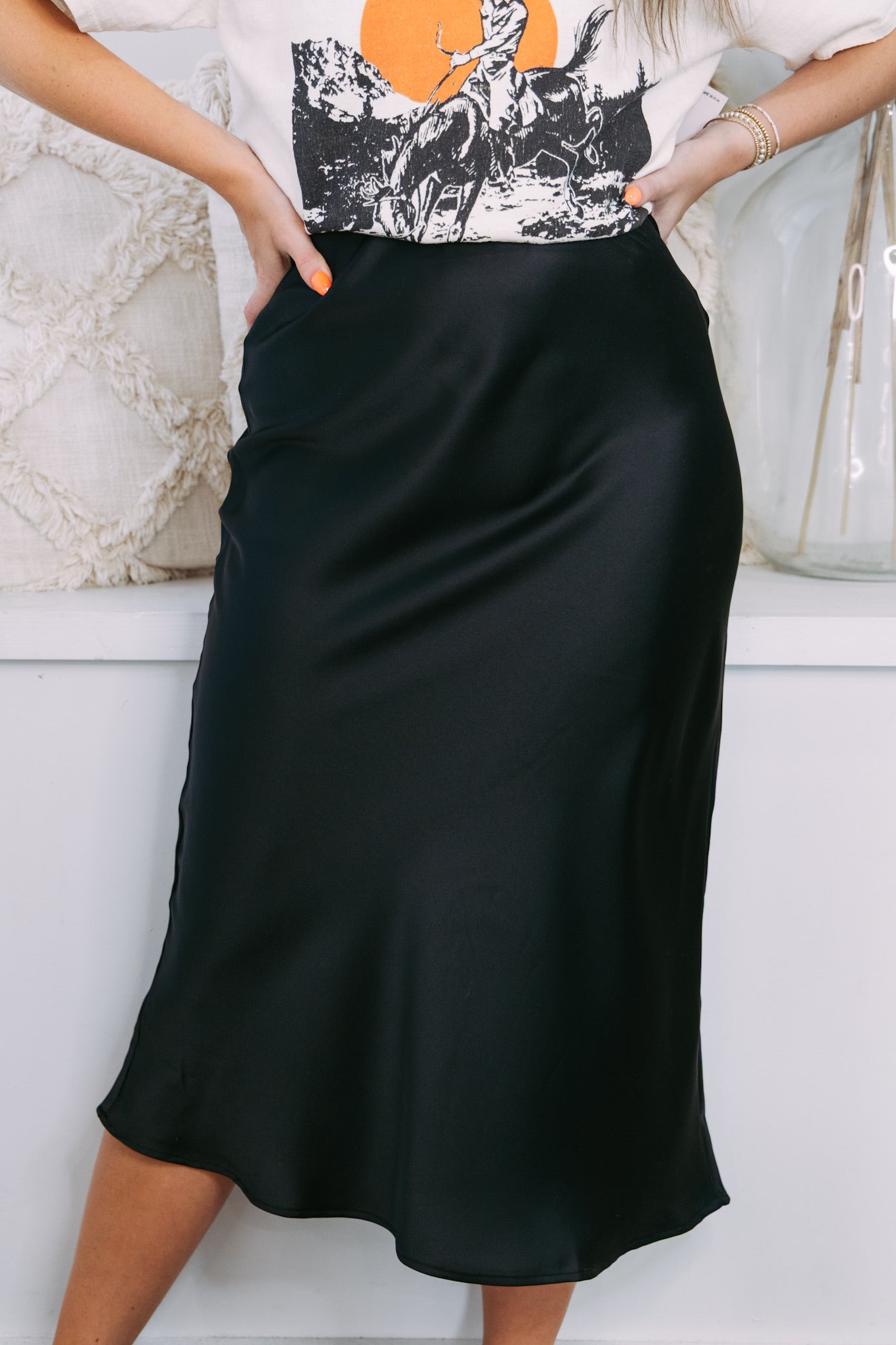 Black Satin Midi Skirt