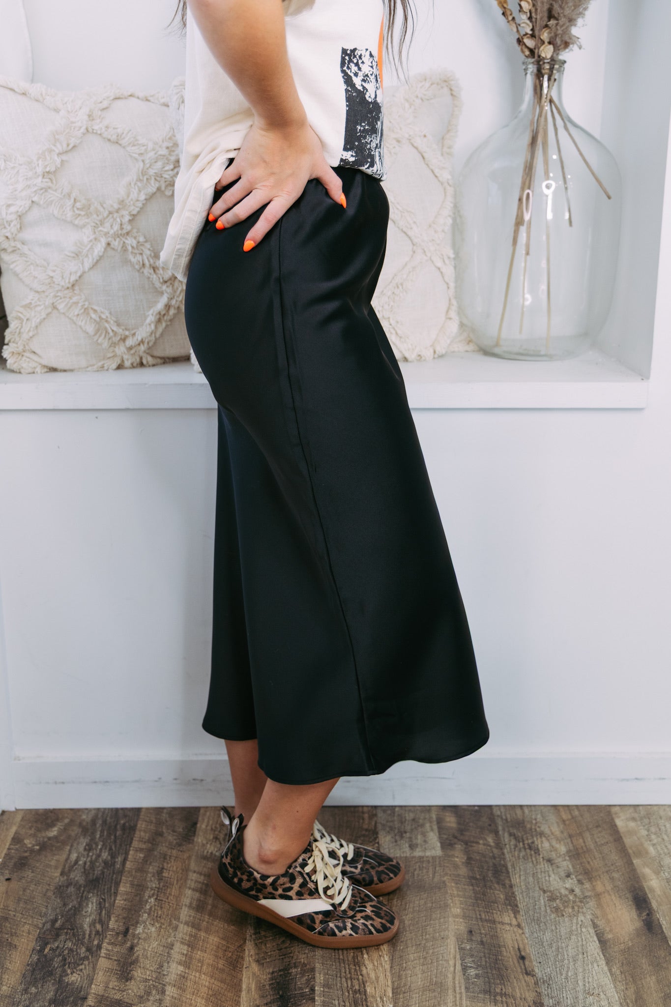 Black Satin Midi Skirt