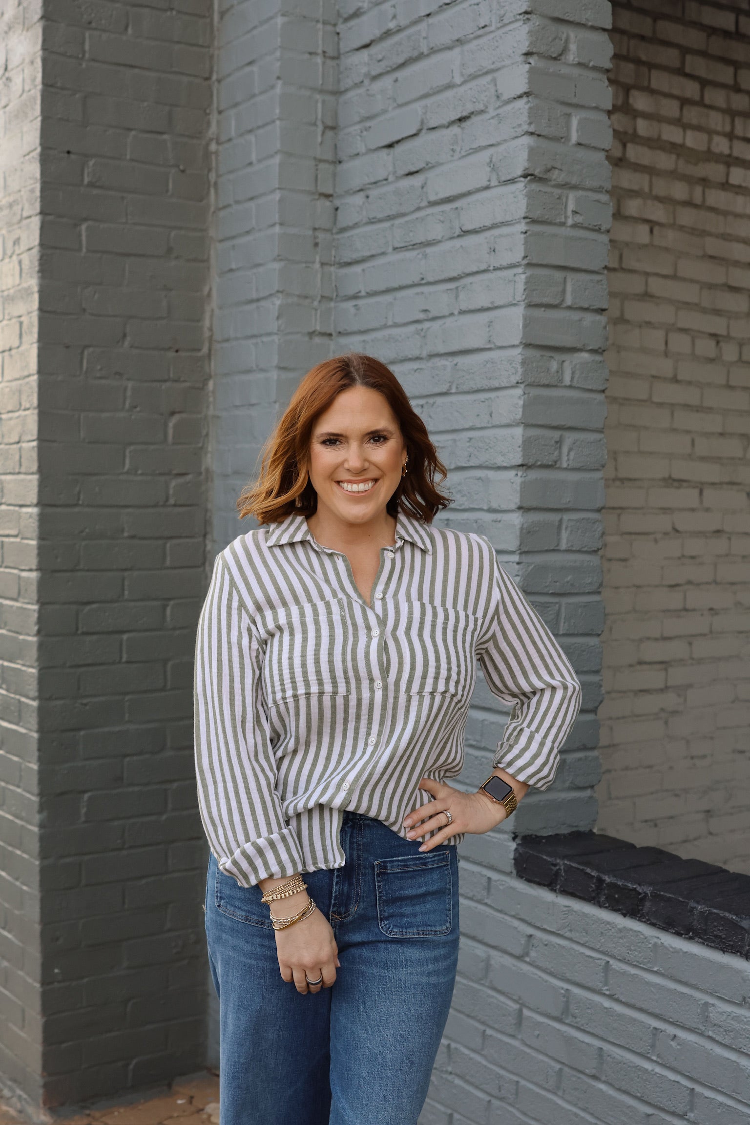 Olive Striped Button Front Gauze Top